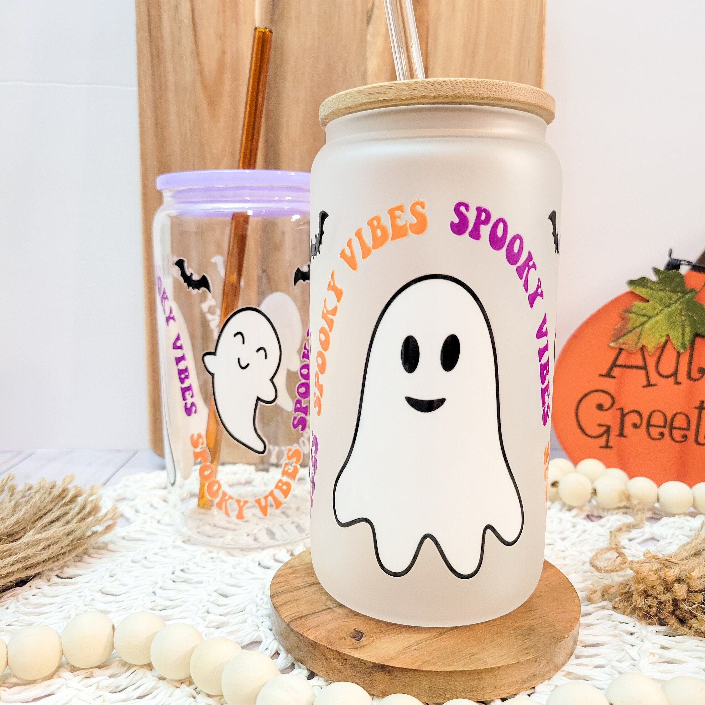 Cute Ghost Soda Can Glass, ICED COFFEE GLASS Cup, Retro Halloween Tumbler, Spooky Vibes, Bats, Aesthetic Iced Coffee Cup, Spooky Season Gift