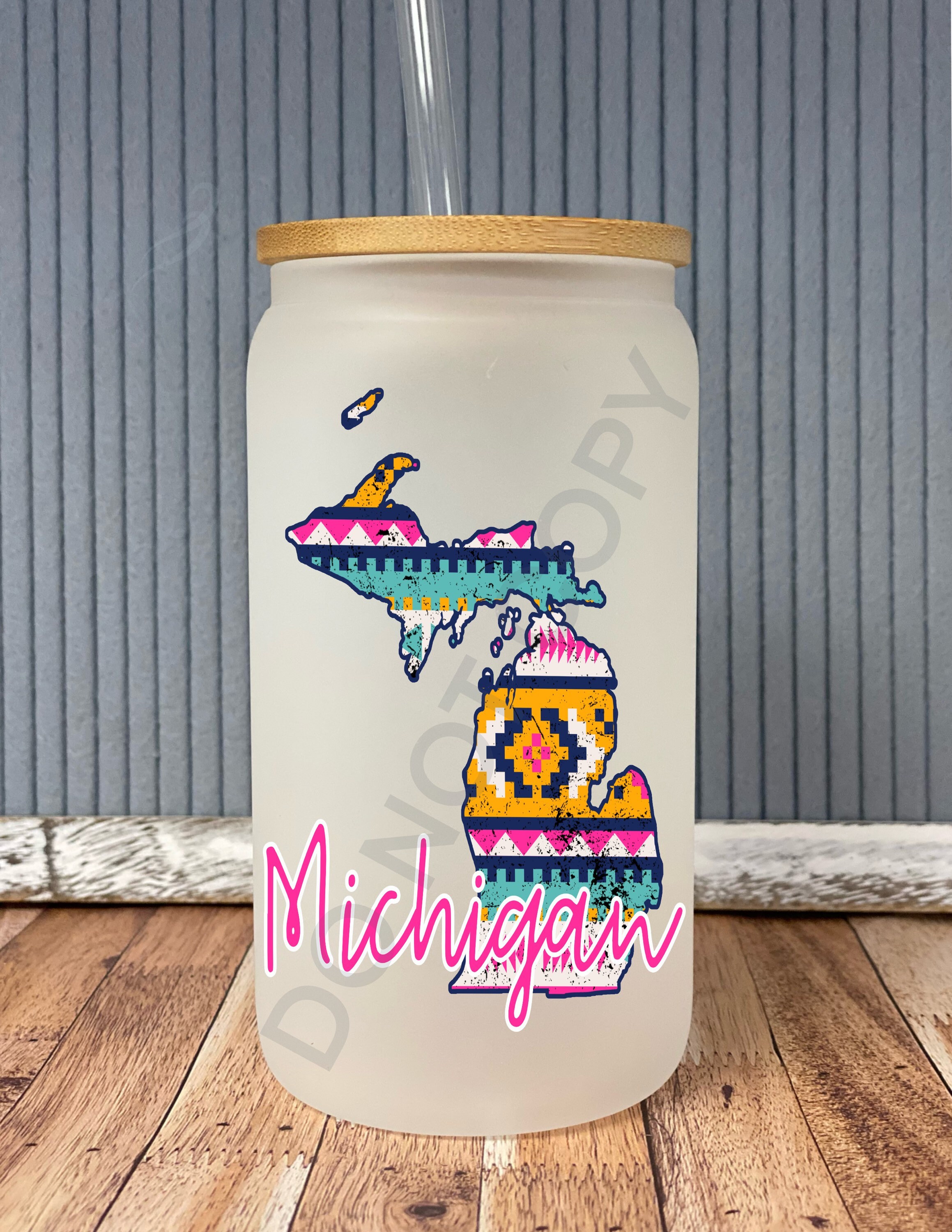 Michigan Aztec pattern- frosted can shaped glass with lid and straw