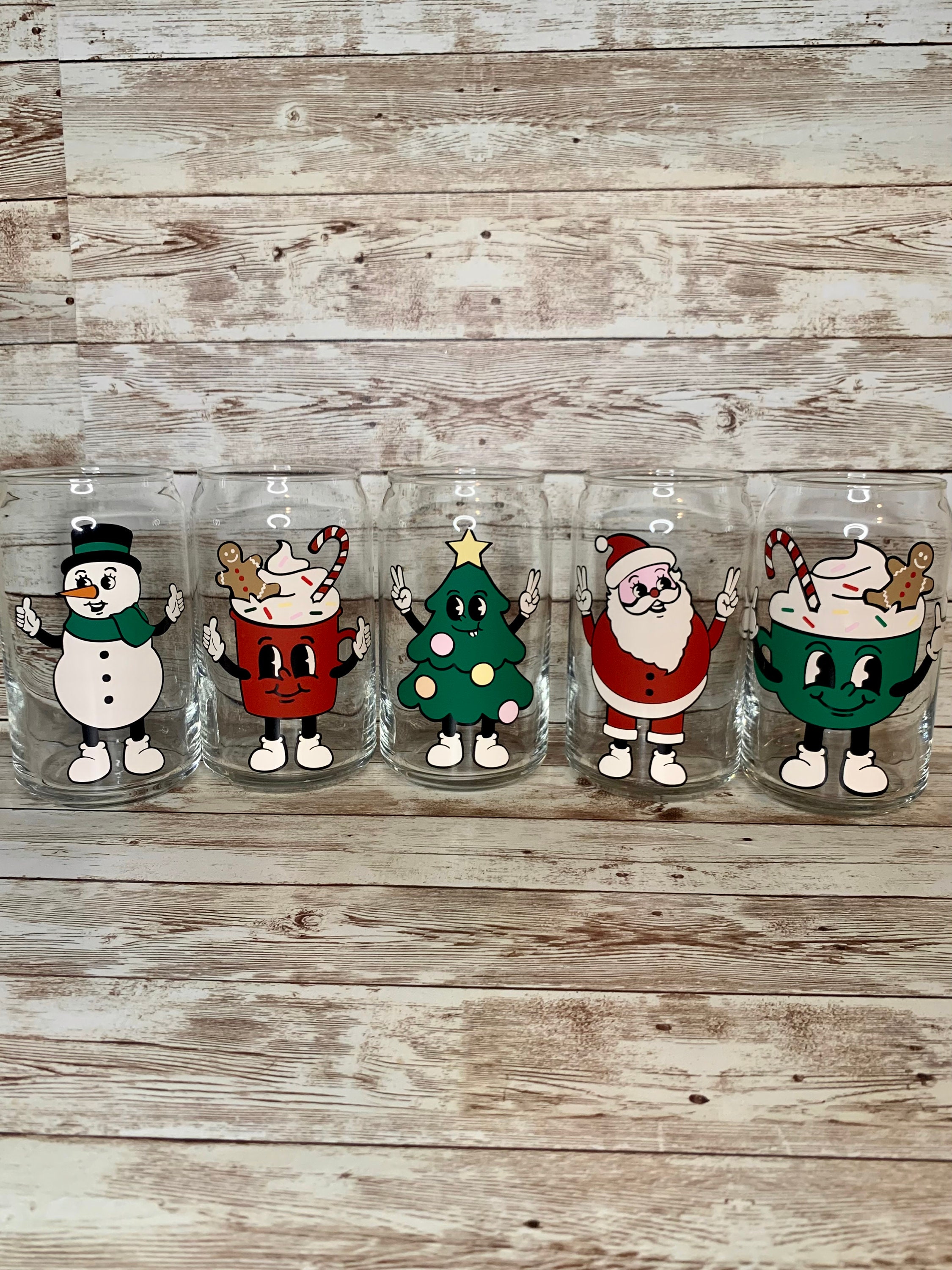 Retro Christmas Character Beer Can Glasses / Vintage Santa Snowman / Cute Xmas Tree Glass / Holiday Cups / Iced Coffee Lover / Gift for her