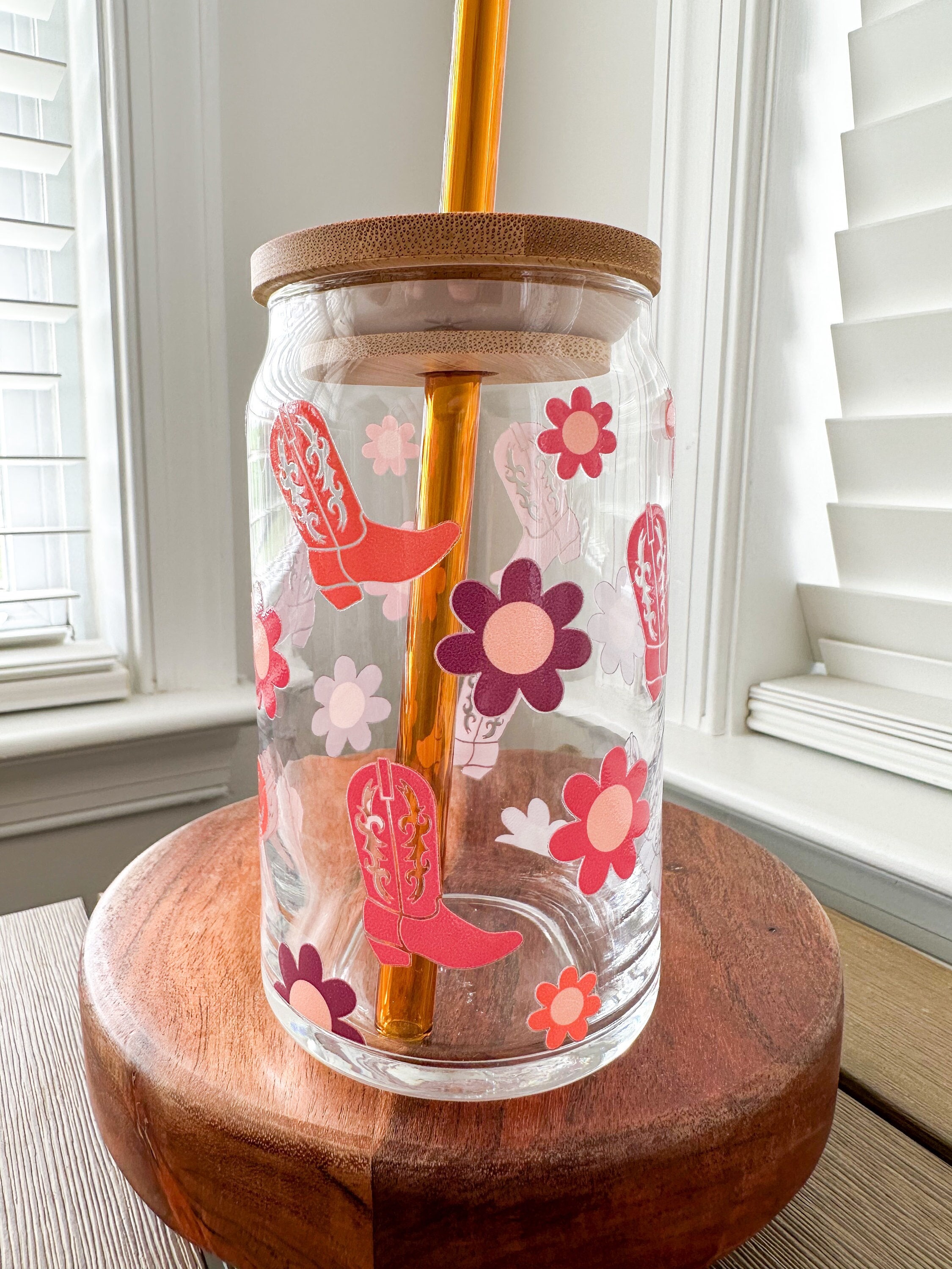 Cowgirl Boots Floral Beer Can Glass, Western Glass Can, Cowboy Boot Cup, Western Iced Coffee Cup, Western Iced Coffee Glass, Iced Coffee Cup