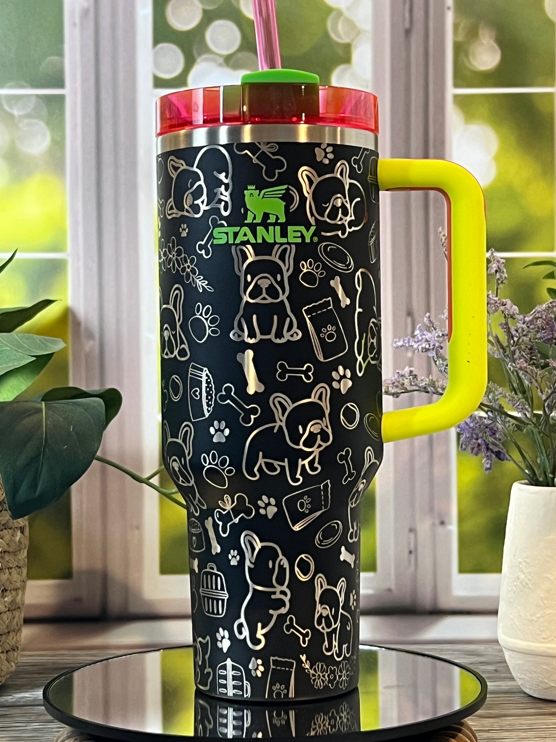 Frenchie Dog Doodles Laser Engraved 40oz Tumbler with Handle Lid and Straw, Custom Engraved Seamless Tumbler, Double Wall Insulated Cup