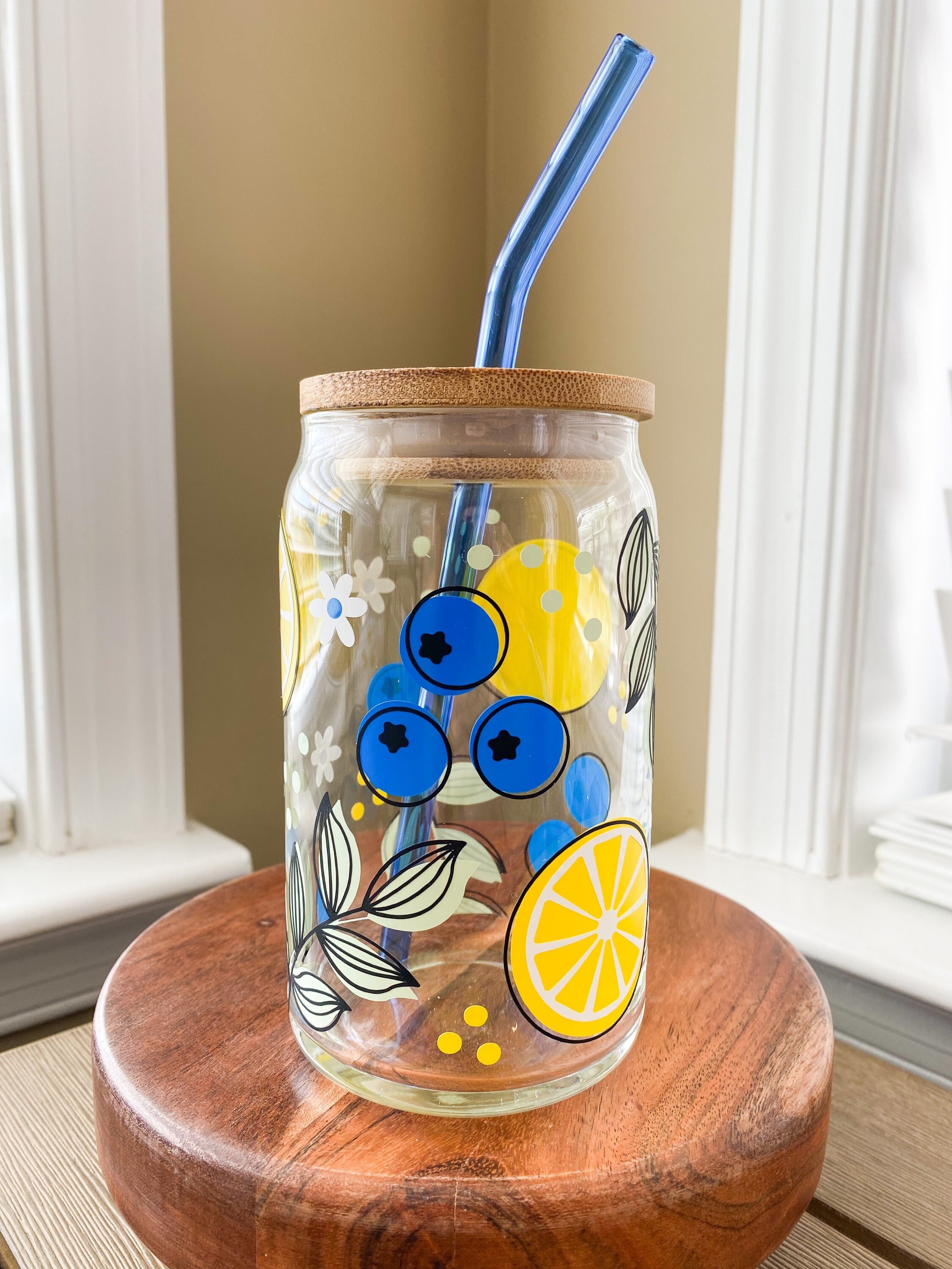 Lemons and Blueberries Glass, Blueberry Lemonade Beer Can Glass Cup, Iced Coffee Glass, Iced Coffee Cup, Aesthetic Glass Cup, Coffee Cup