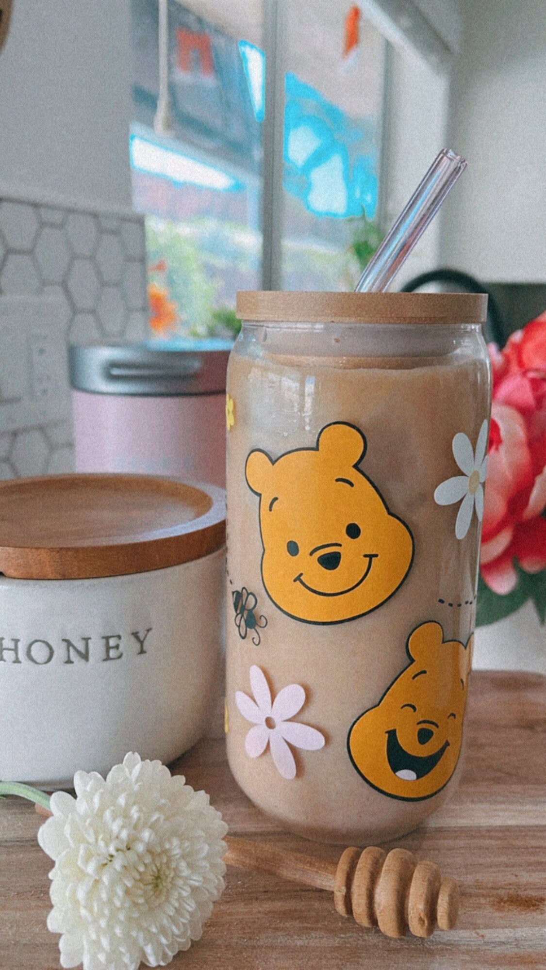 Pooh glass can | Glass can with lid and straw | Gifts for her