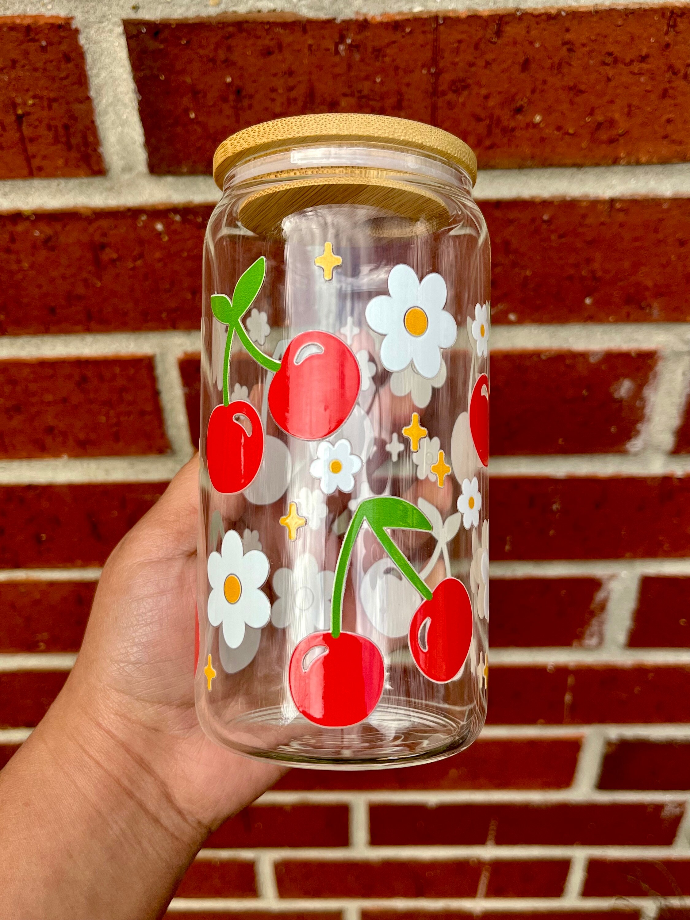 Cherry flower cup  Gifts, Cherry Glass Cup, Flower Daisy Beer Can Glass, Cherry Lovers, Custom Cute Glass Tumbler With Straw