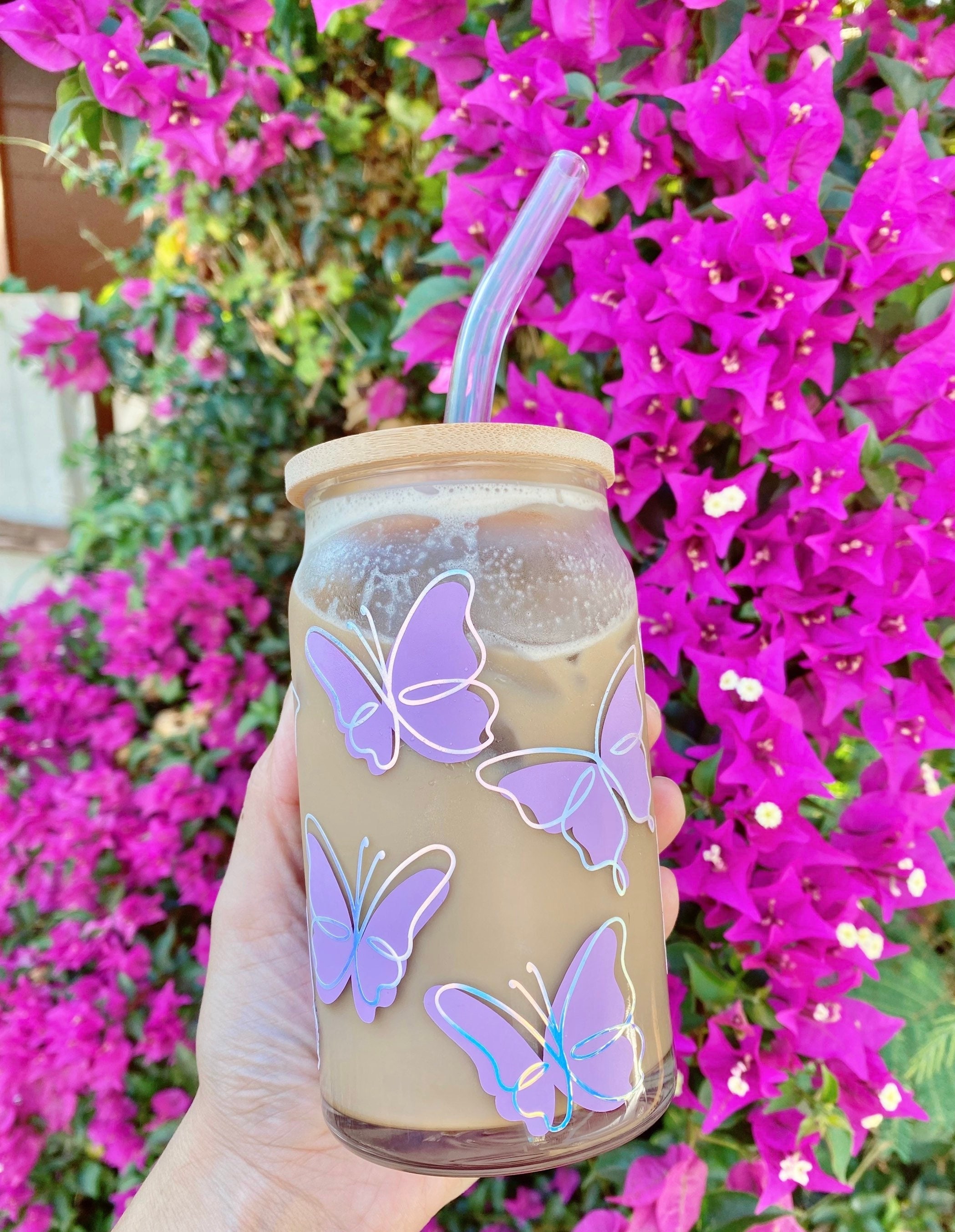 Butterflies Beer Can Glass, Butterfly Iced Coffee Glass, Aesthetic Glass, 16oz Libbey, Bamboo Lid, Custom Glass, Gift For Her, Iridescent