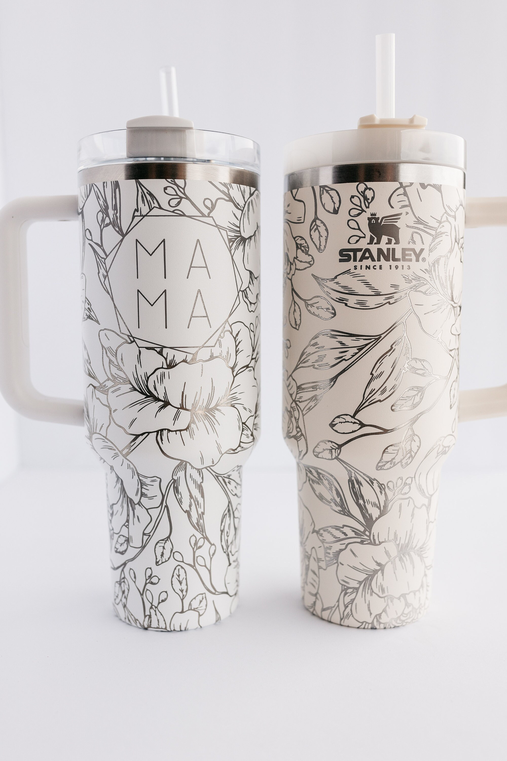 Stanley 40oz tumbler  | Engraved with MAMA in Hexagon & peonies design