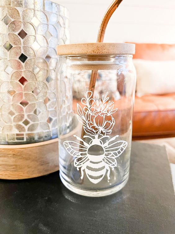 Bee Coffee Cup, Bumble Bee Drinkware, Ice Coffee Drink, Bee & Flowers Glass Mug, Personalized Gift, Honey Bee Design, 16 Oz Can Glass