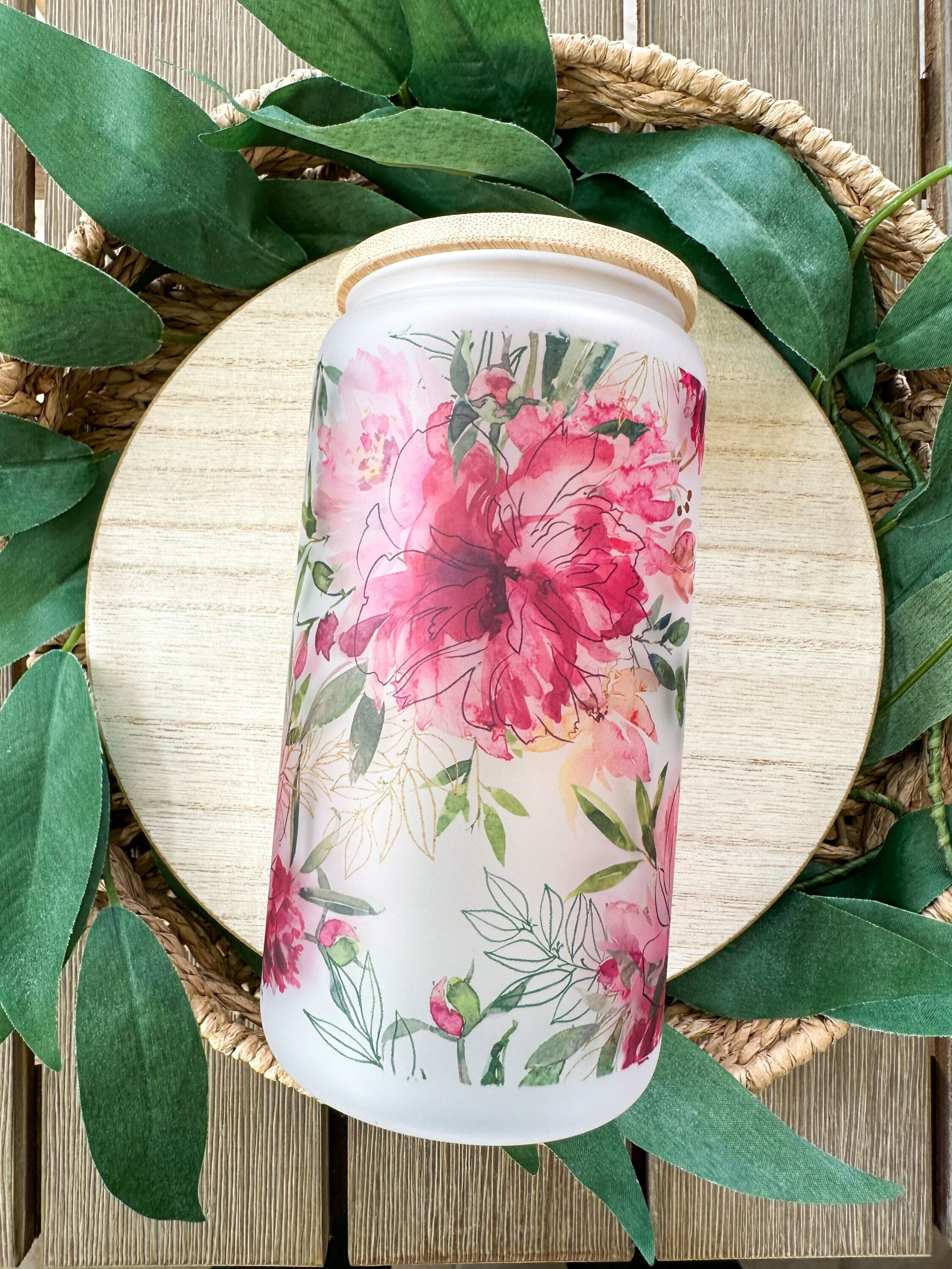 Pink Floral Beer Can Glass, Pink Floral Glass Cup, Pink Floral Coffee Glass, Smoothie Glass, Flower Iced Coffee Glass, Flower Glass Cup