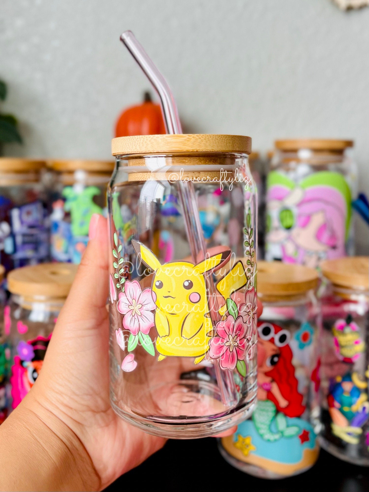 Poke Electric Buddy 16oz Beer Can Glass | Spring Cup | Iced Coffee | Gift | Daisies | Pocket Monsters | POGO| Eevee | PKMN | Floral | Spooky