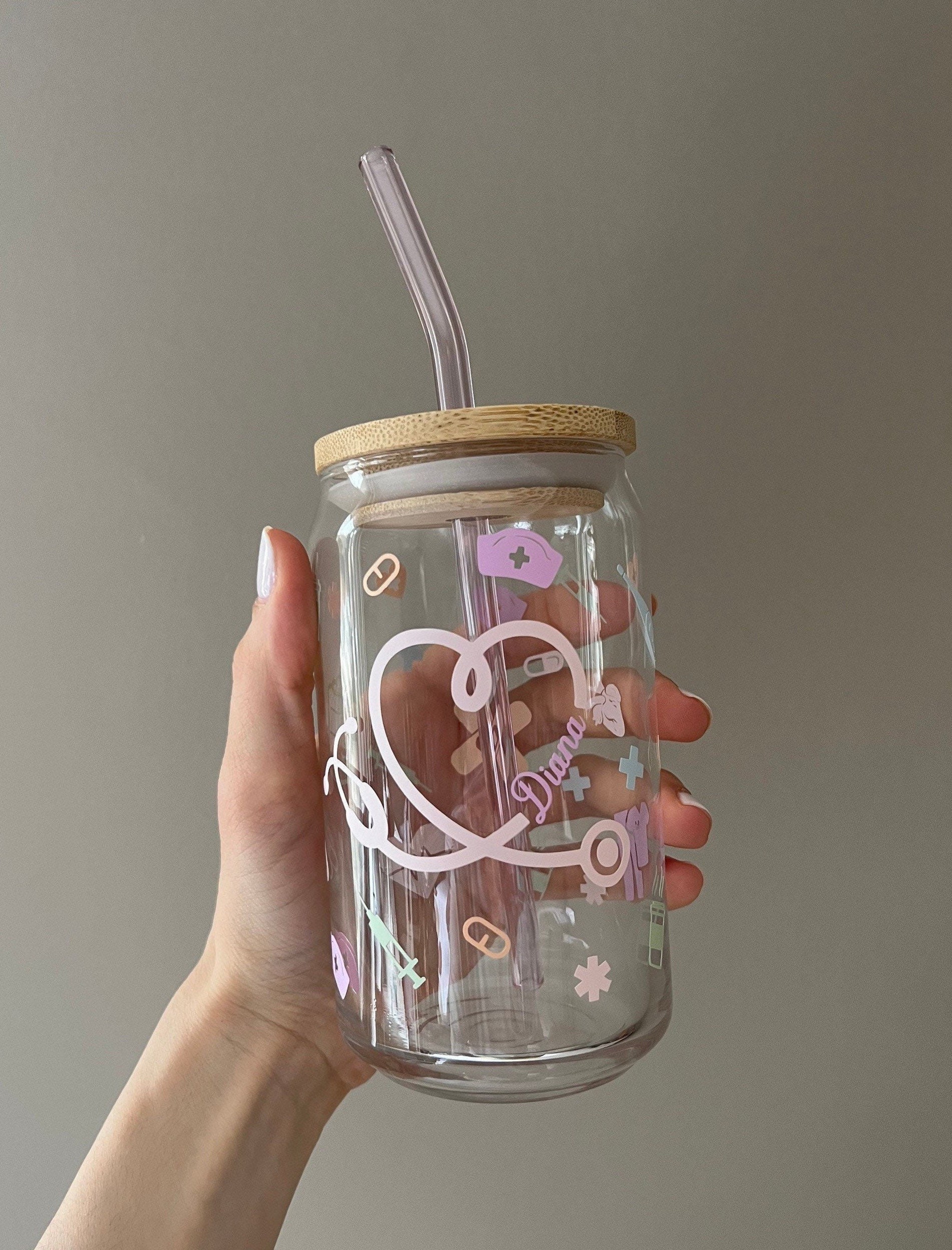 Custom Nurse Libbey Glass with Bamboo Lid and Straw | Personalized Nurse Beer Can Glass | Nurse Appreciation Gift | Iced Coffee | RN LPN CNA