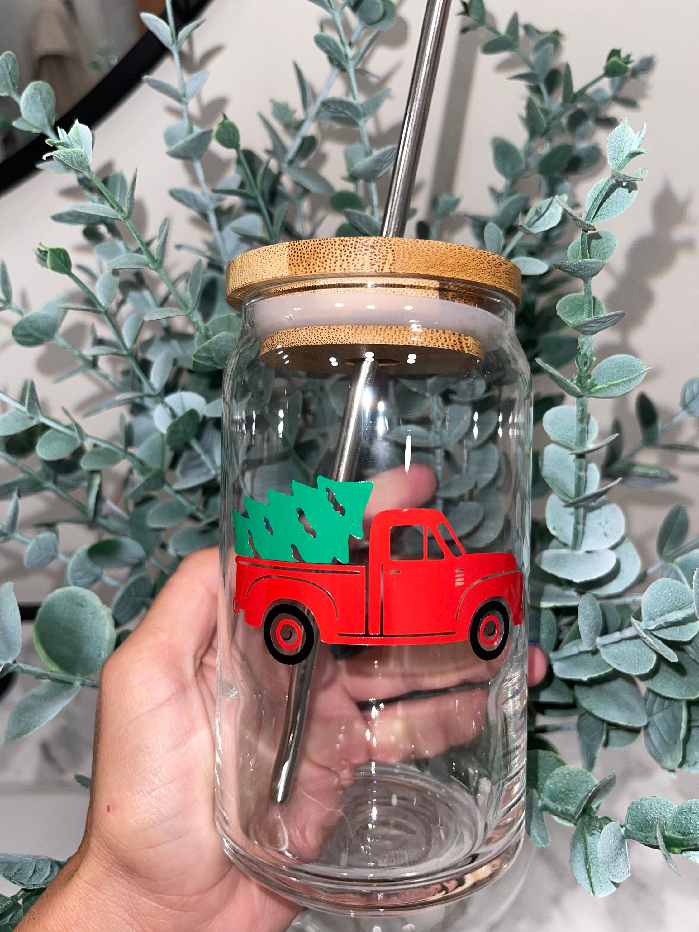 Christmas Truck Beer Can Glass, Holiday Beer Can Glass, Christmas Beer Can Glass