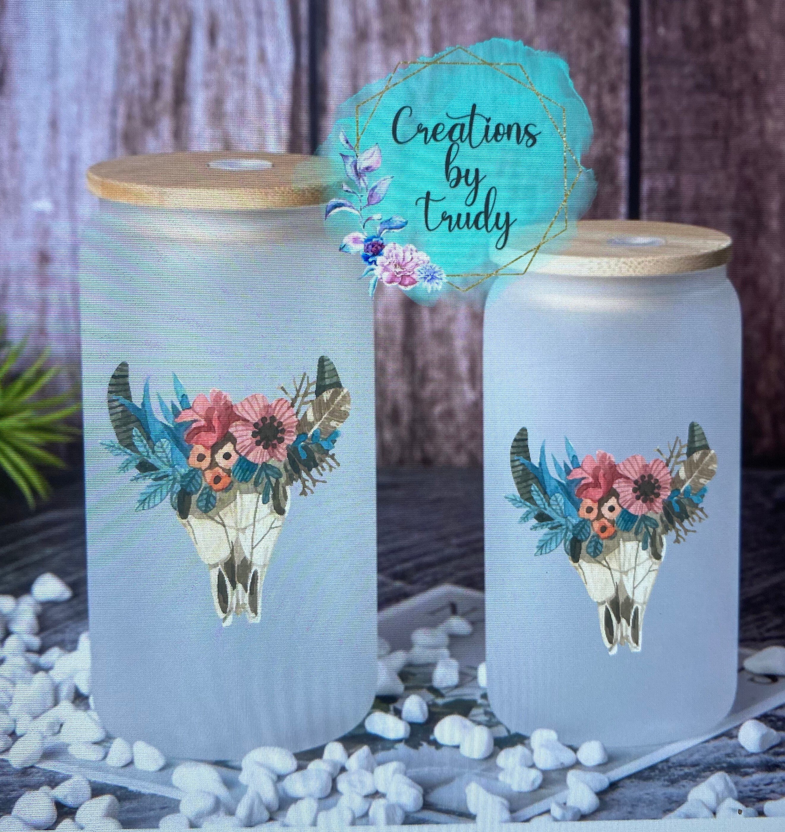 Boho floral skull- frosted can shaped glass with lid and straw