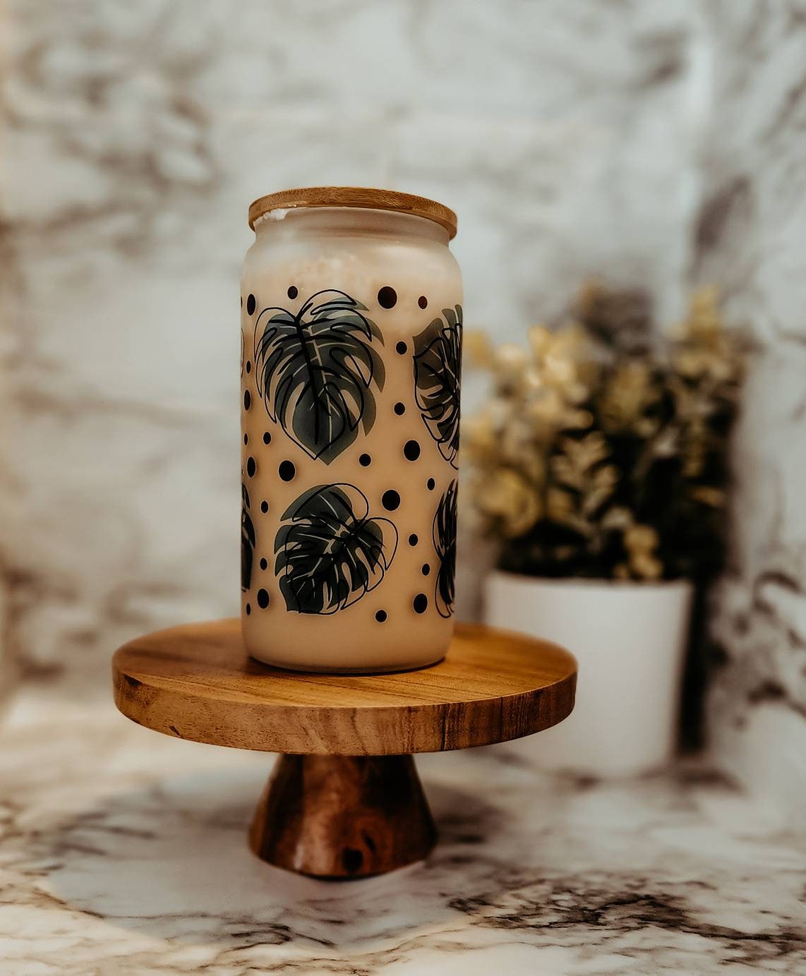 monstera leaf coffee cup, Iced Coffee Cup , Glass Can , Glass Cup with Lid and Straw , Gifts for Women, coffee aesthetic