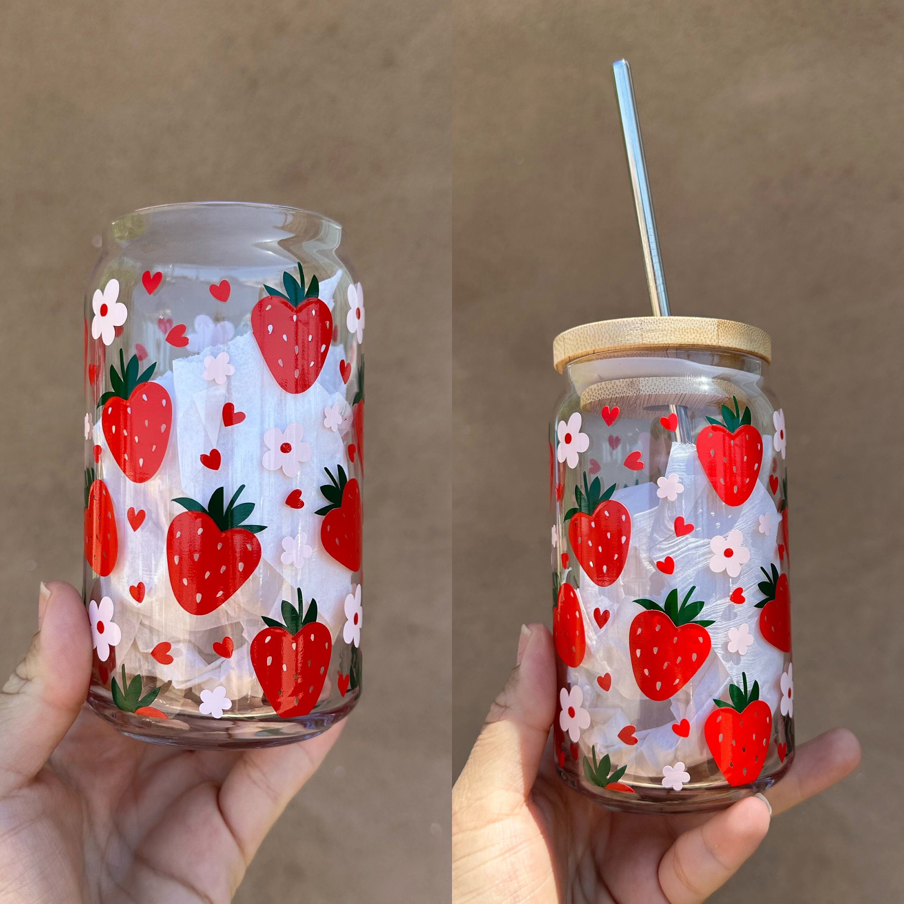 Strawberry Hearts Beer Glass Can, Strawberries Glass Can, Strawberries Wrap Svg, Fruit Tumbler,Strawberry Decor,Little Fruit, Valentine 16oz