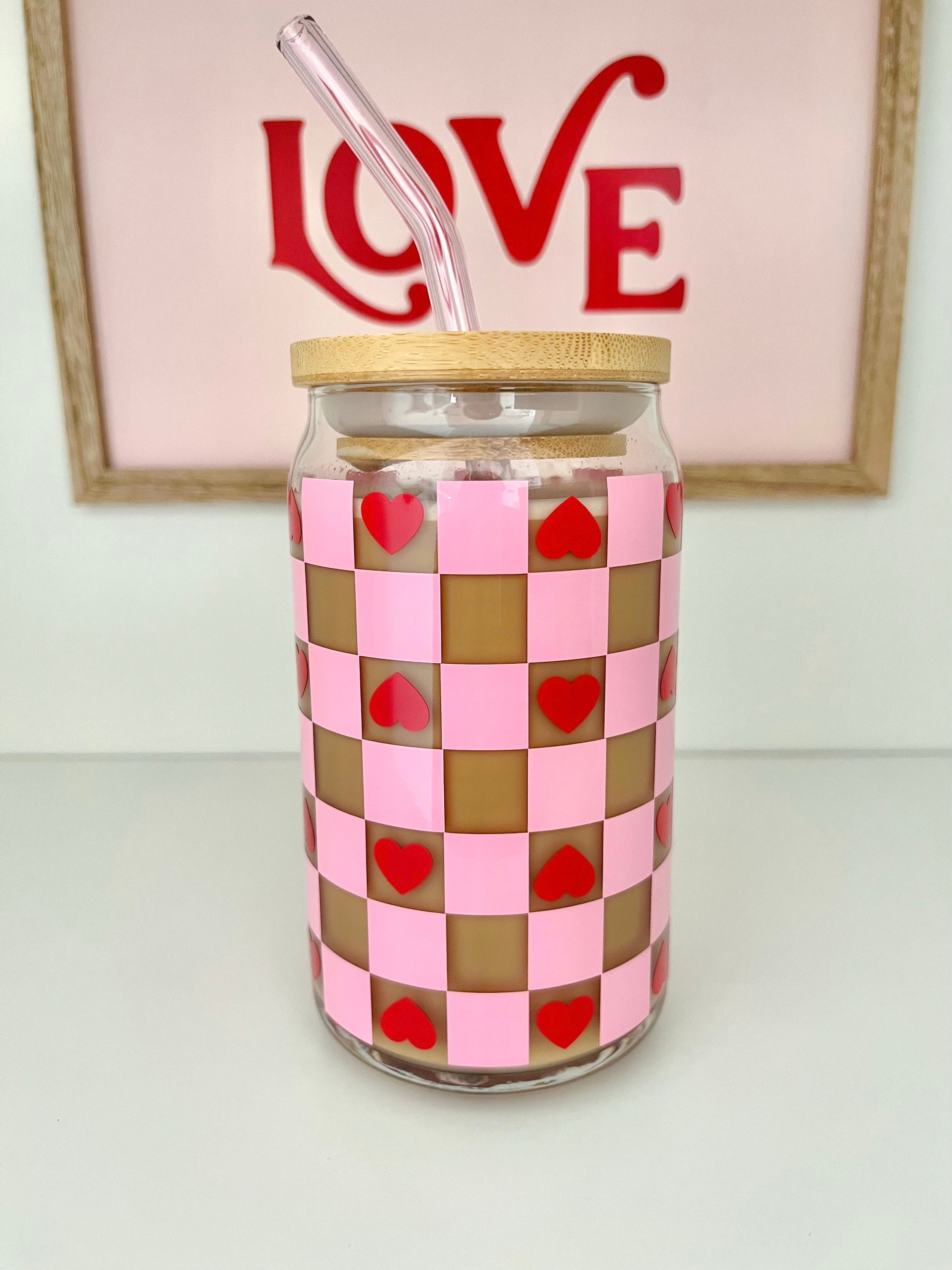 Checkered Hearts Glass Cup / Valentines Glass Cup / Iced Coffee Glass / Hearts Glass Cup / Cute Coffee Cup / Valentines Gift / Gifts for Her