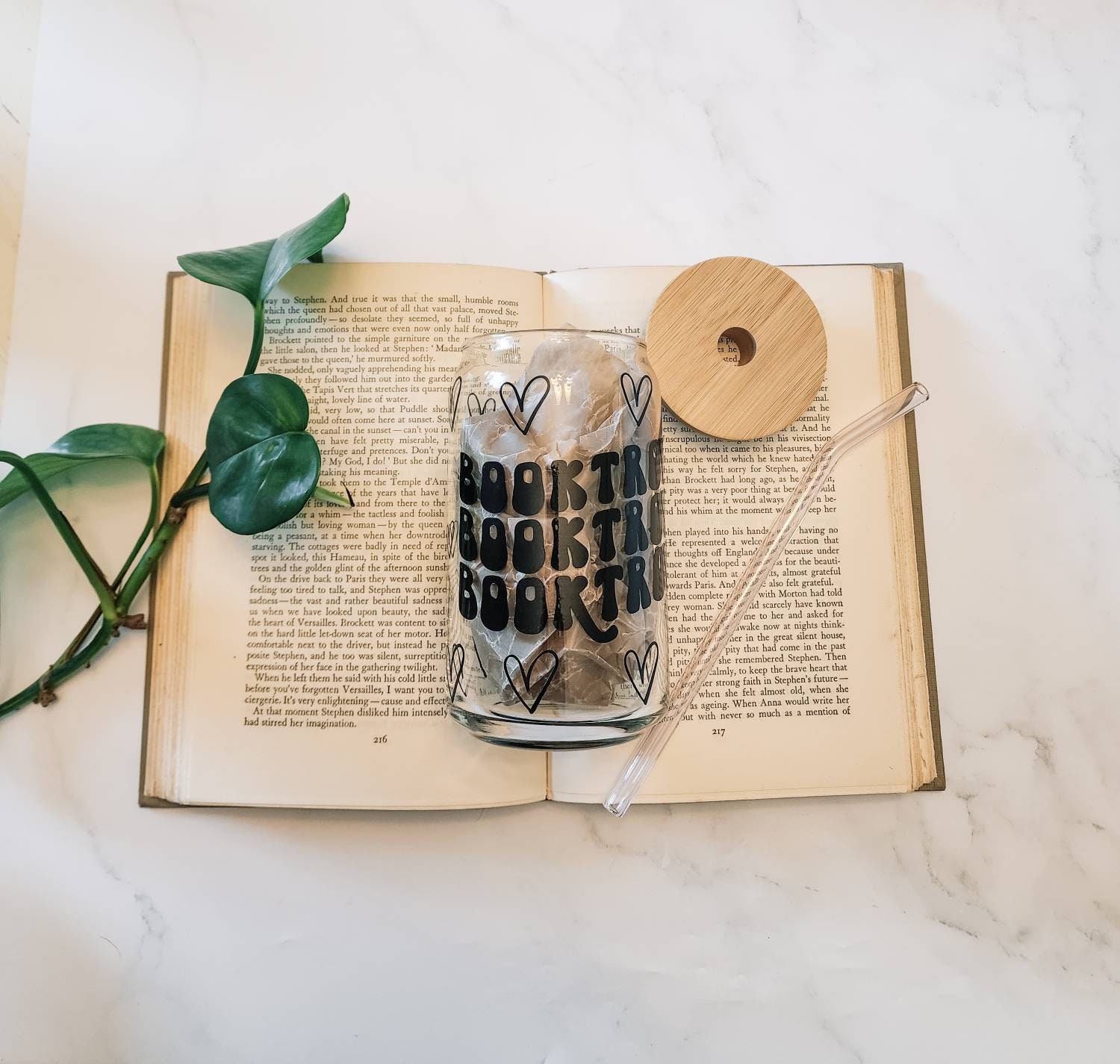 Booktrovert Cup | Bookish Glass Cup | Beer Can Glass | Glass Cup w Bamboo Lid | Iced Coffee Glass w Straw