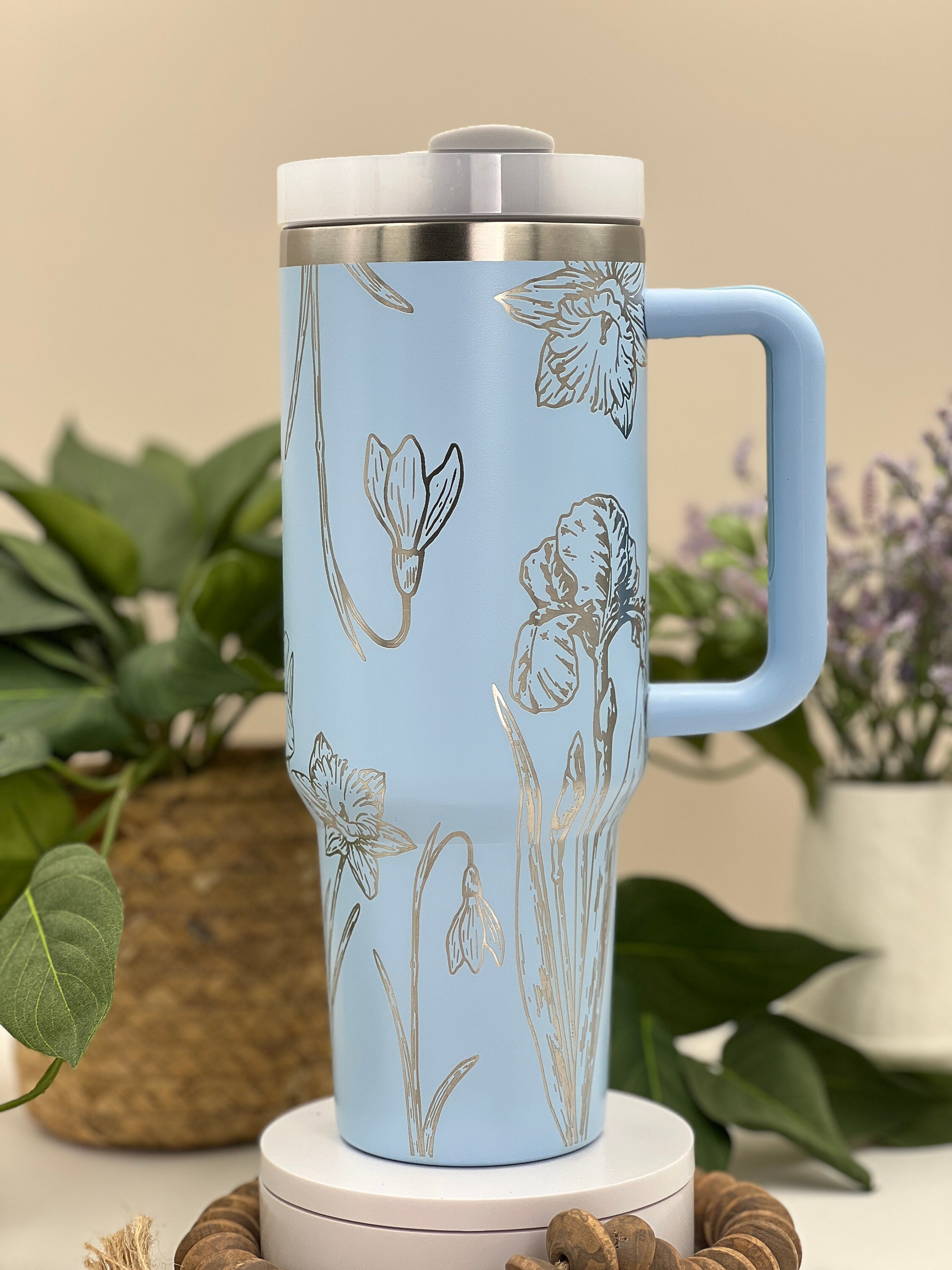 Daffodils Laser Engraved 40oz Tumbler with Handle Lid and Straw, Custom Engraved Seamless Floral Tumbler, Double Wall Insulated Cup