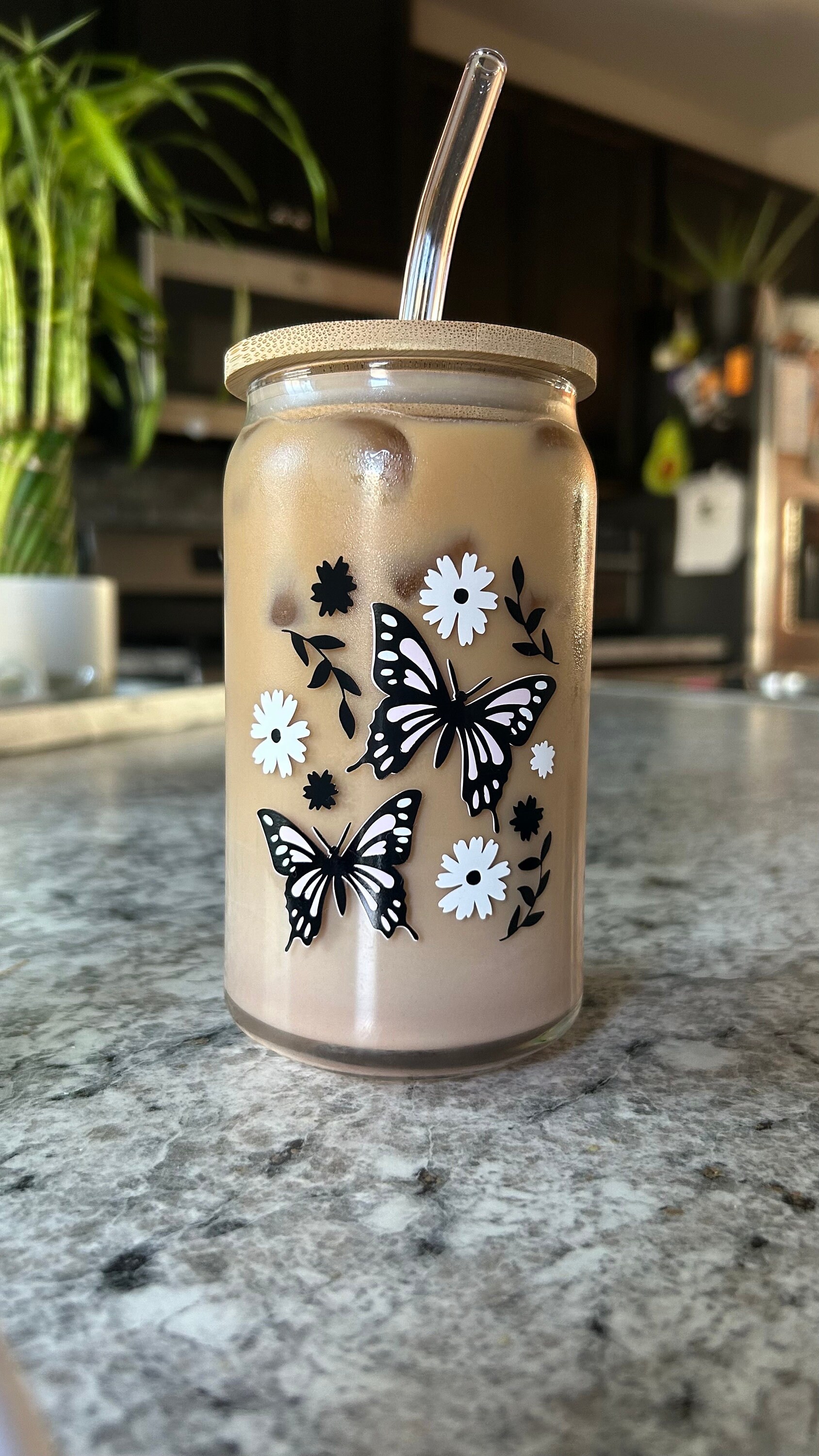 Butterfly Flowers Glass | Iced Coffee Glass | Butterfly Cup | Cute Glass Cup | Modern Coffee Glass | Aesthetic Cup | Monarch Butterfly Cup