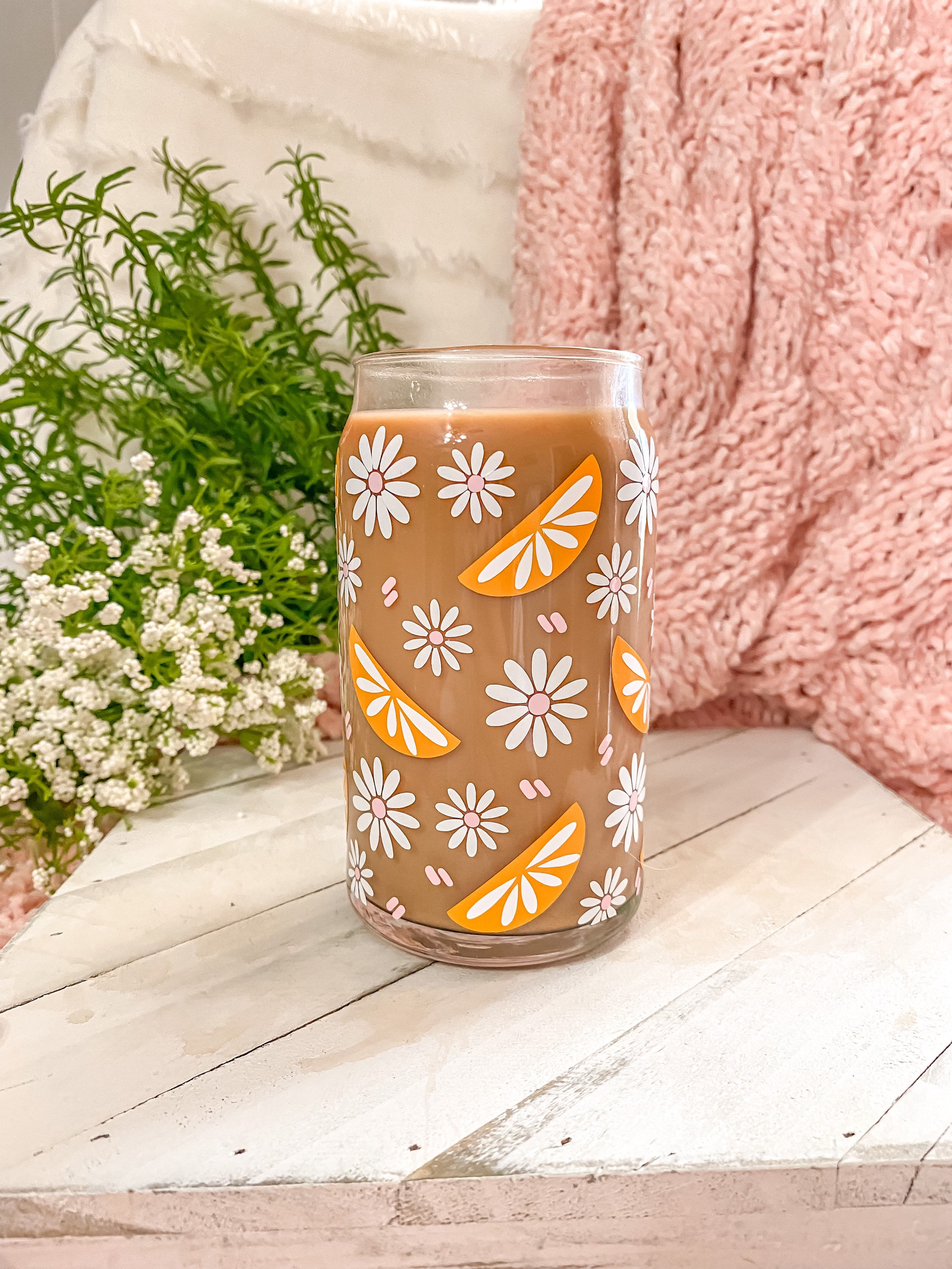 Oranges and Daises Retro Beer Can Shaped Glass | Cute SQUEEZE the day Spring Coffee Cup or Aesthetic Mug | Best Friend Pink Gift for her