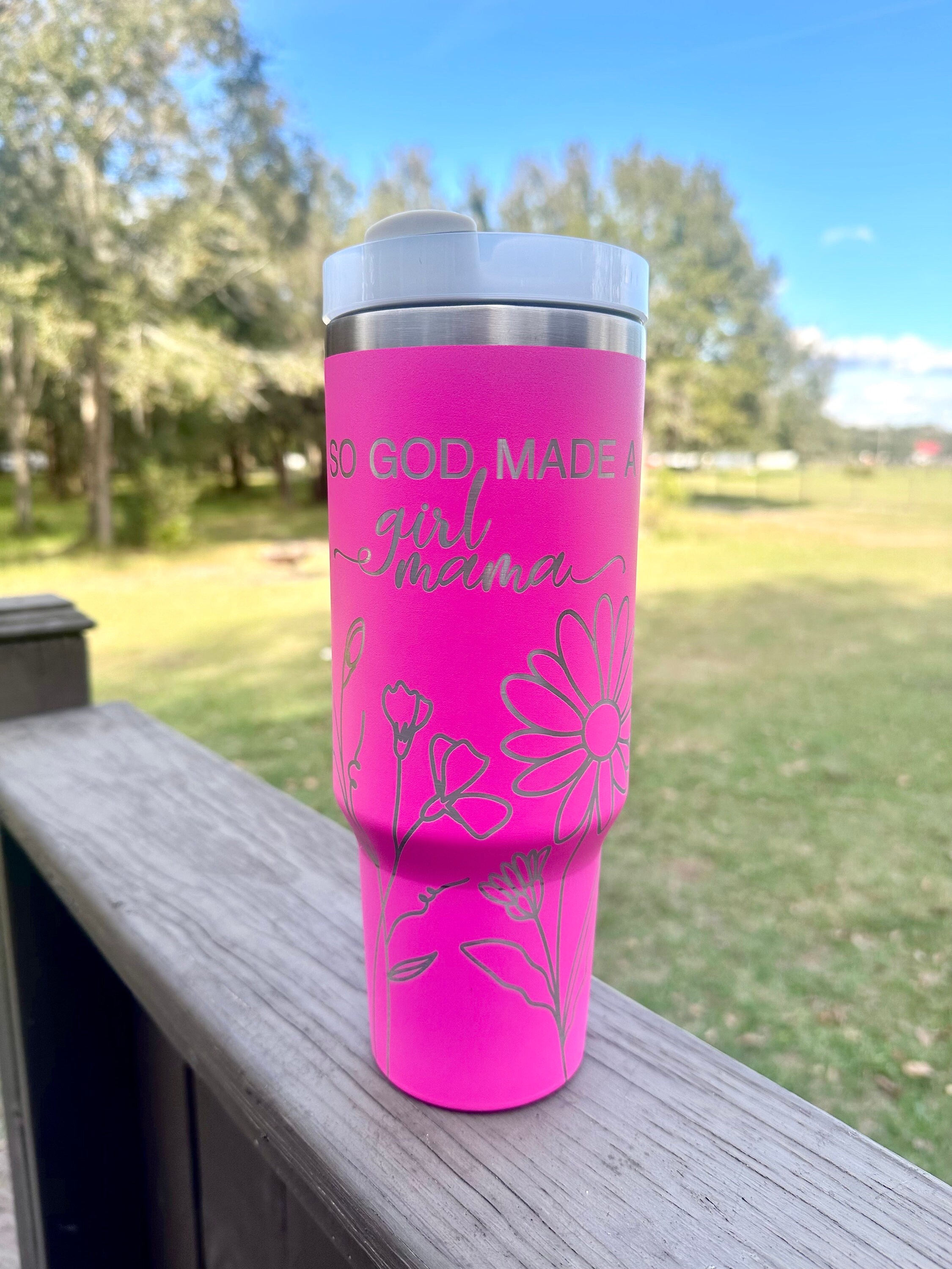 So God Made A Girl Mama | Birth flower | Girl Mom 40 oz Stainless Steel Insulated Tumbler with Handle, Laser Engraved tumbler