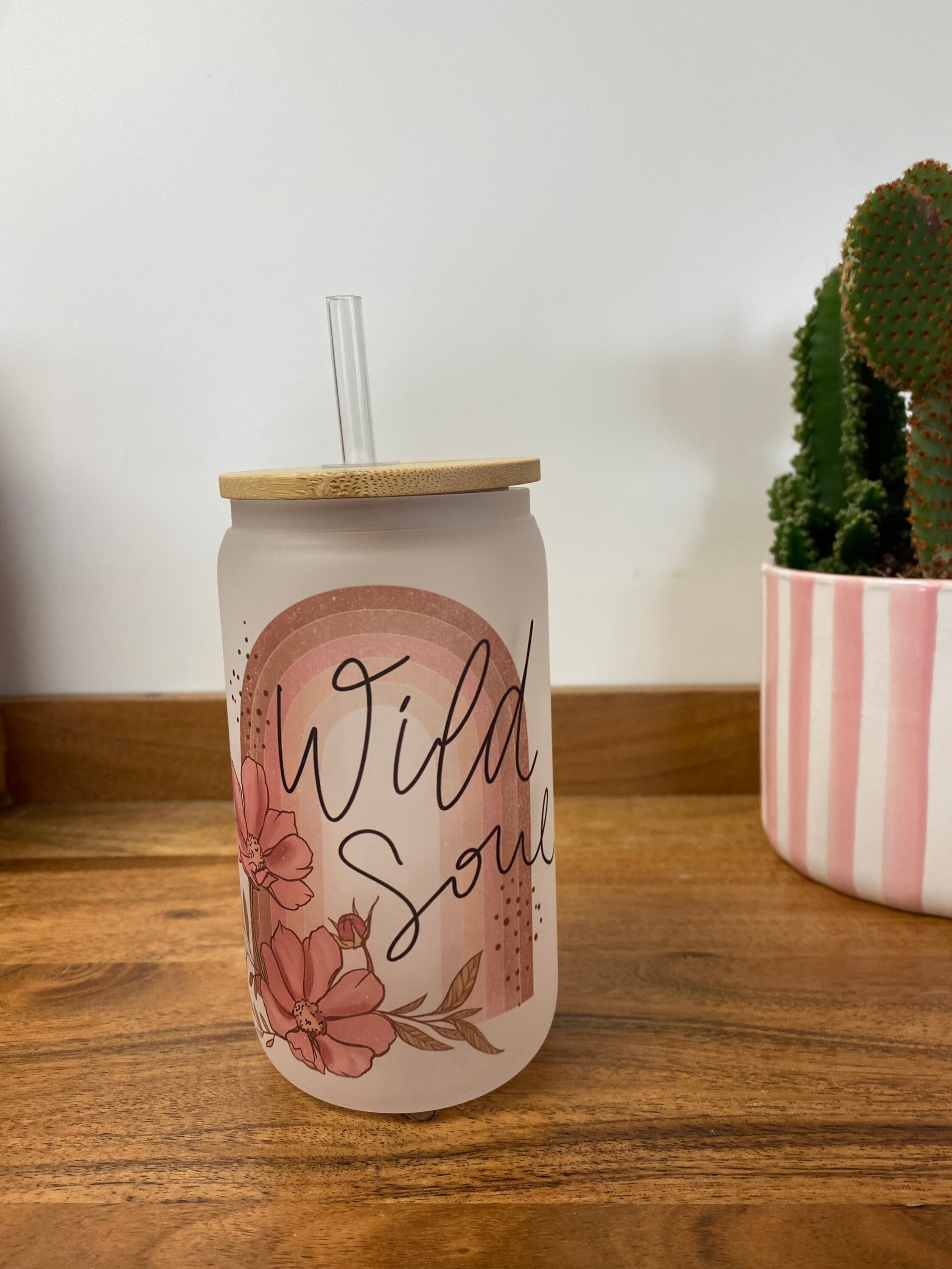 Wild soul  – frosted can shaped glass with lid and straw