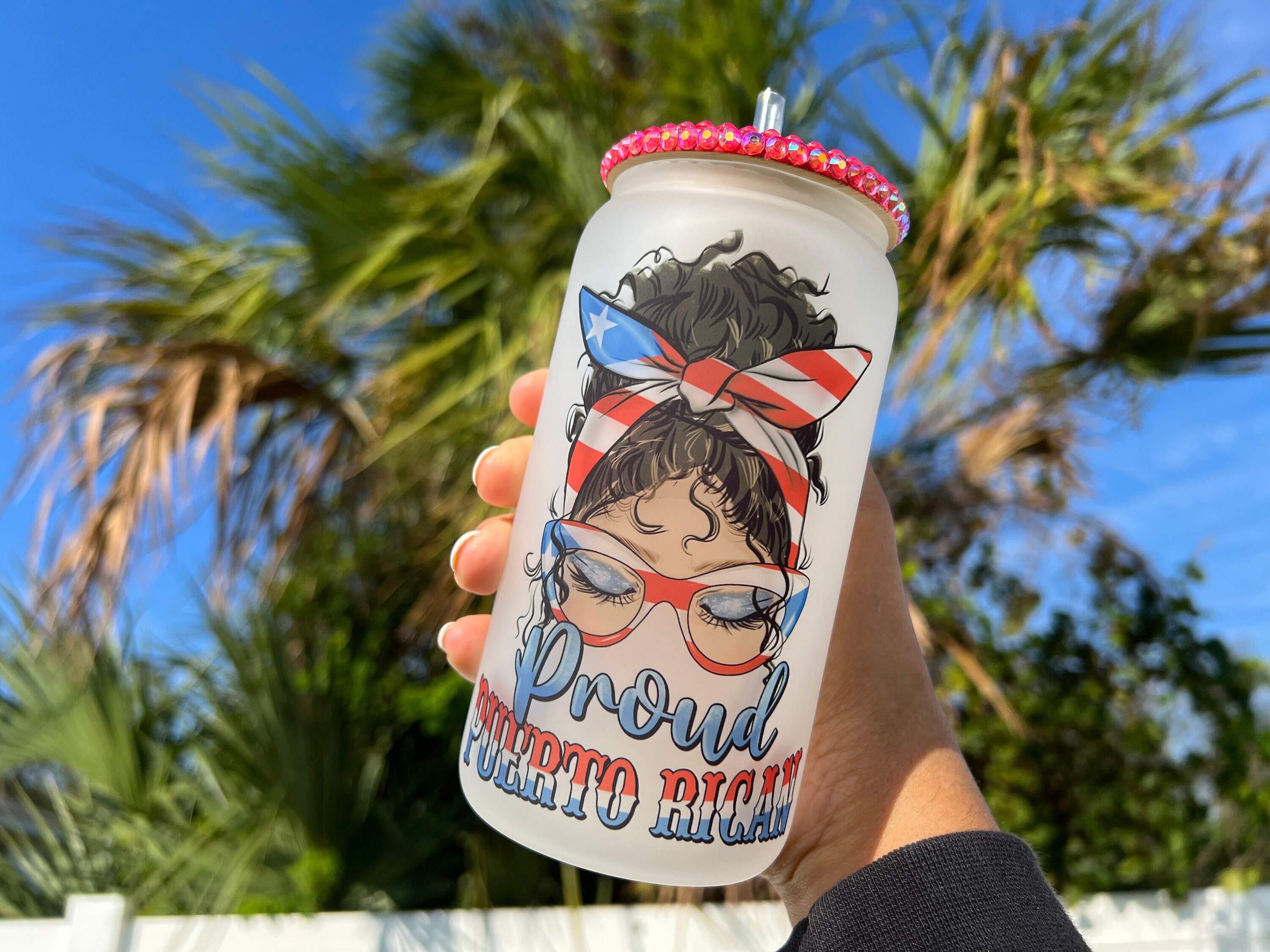 Proud Puerto Rican Latina Messy Bun 16 Oz Frosted Beer Can Glass Cup, Puerto Rico Gifts, Vasos De Puerto Rico, Latina Hispanic Glass Cup