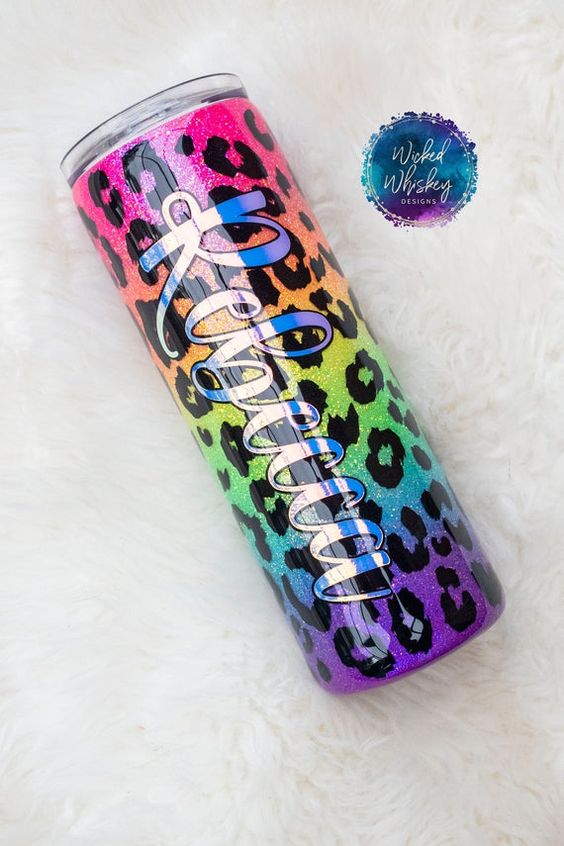 Neon Rainbow Glitter Tumbler, Rainbow Glitter Tumbler, Rainbow Leopard Tumbler