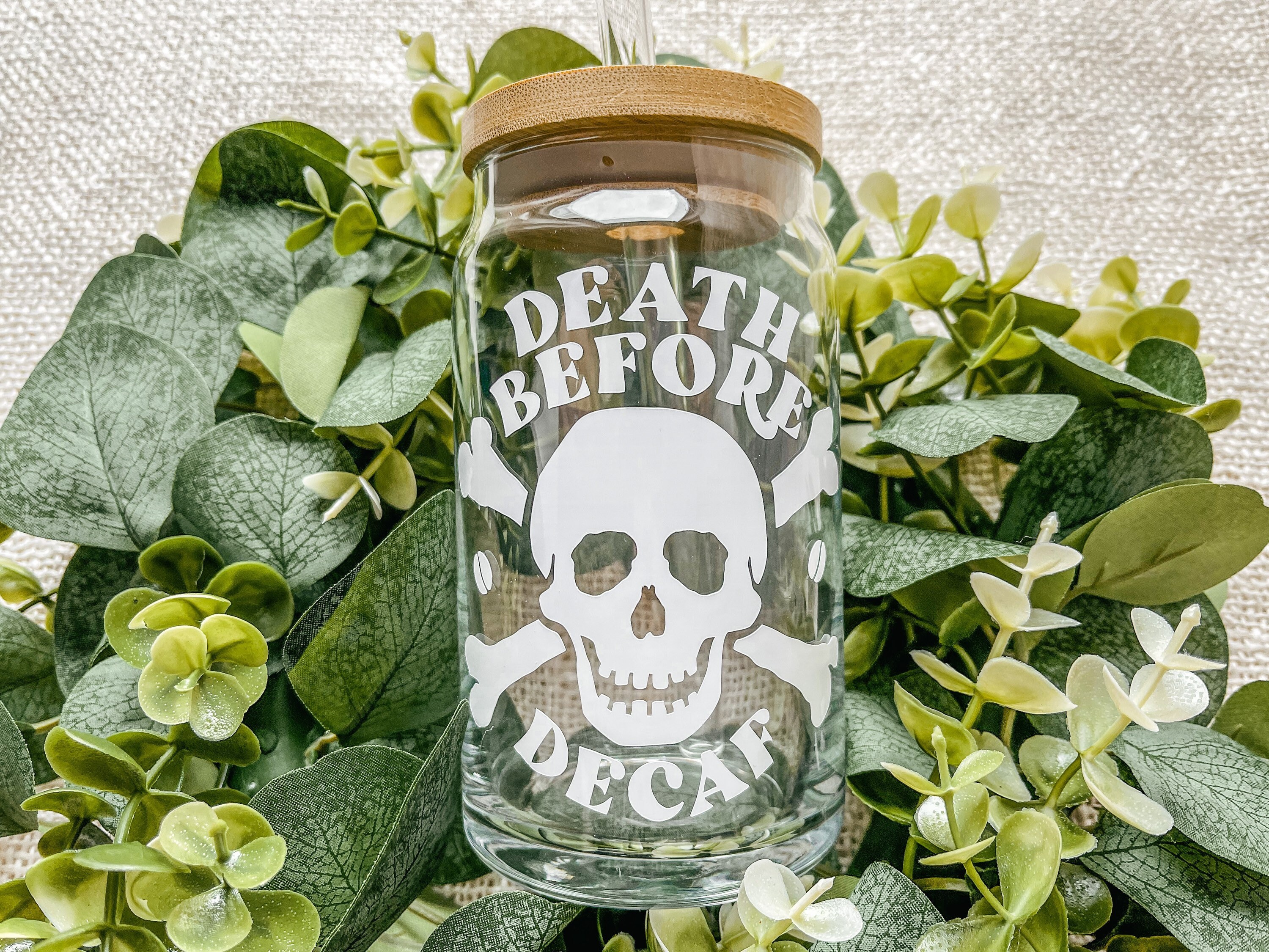 Death Before Decaf Coffee Glass, Skull Coffee Glass, Iced Coffee Glass with Bamboo Lid, Beer Can Glass, Boho Glass Can, Aesthetic Glass Can