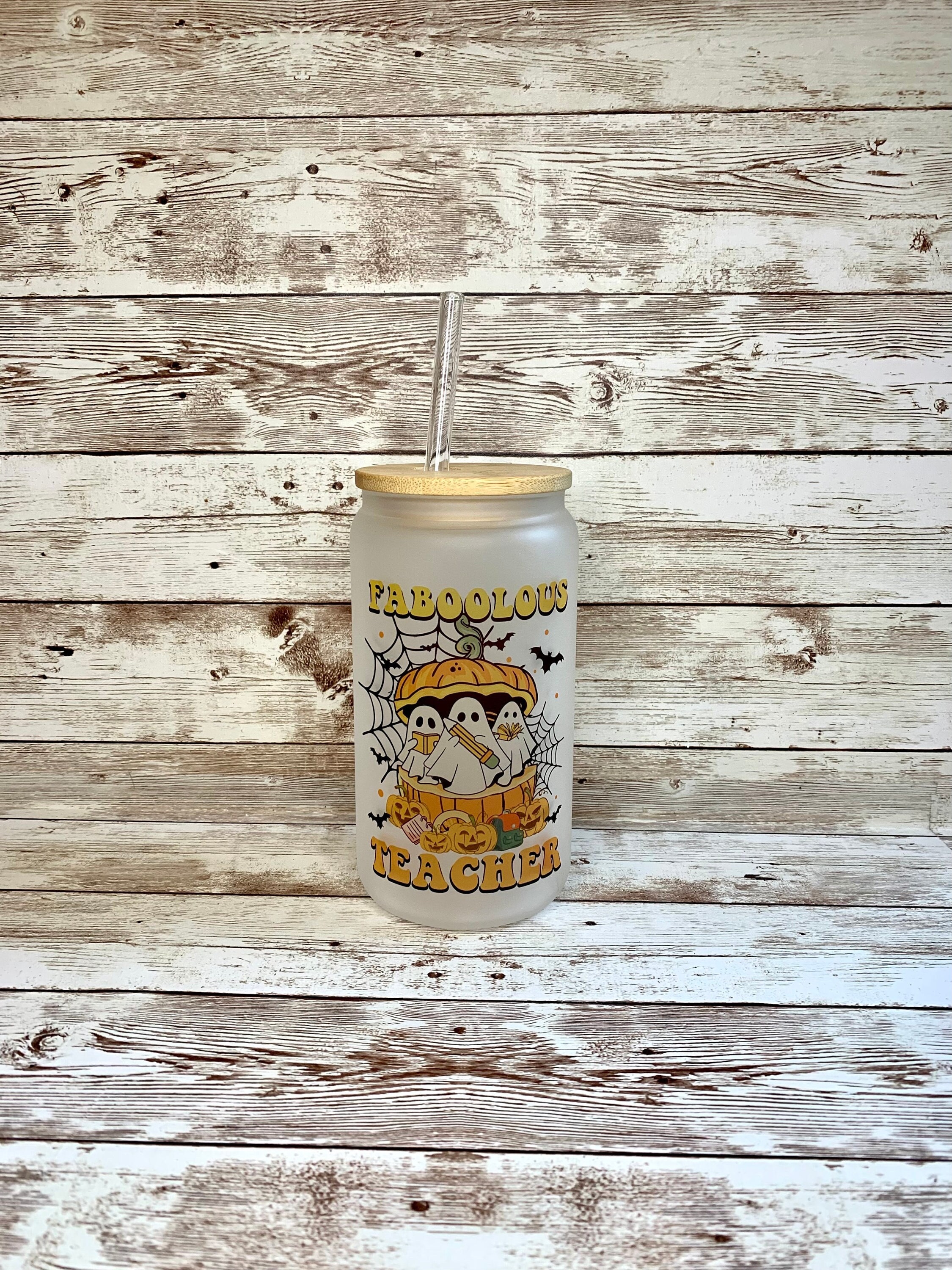 Halloween Teacher Beer Can Glass / Cute Ghost Coffee Cup / Halloween School Gift / Custom Iced Coffee Cup / Pumpkin Tumbler / Gift for Her