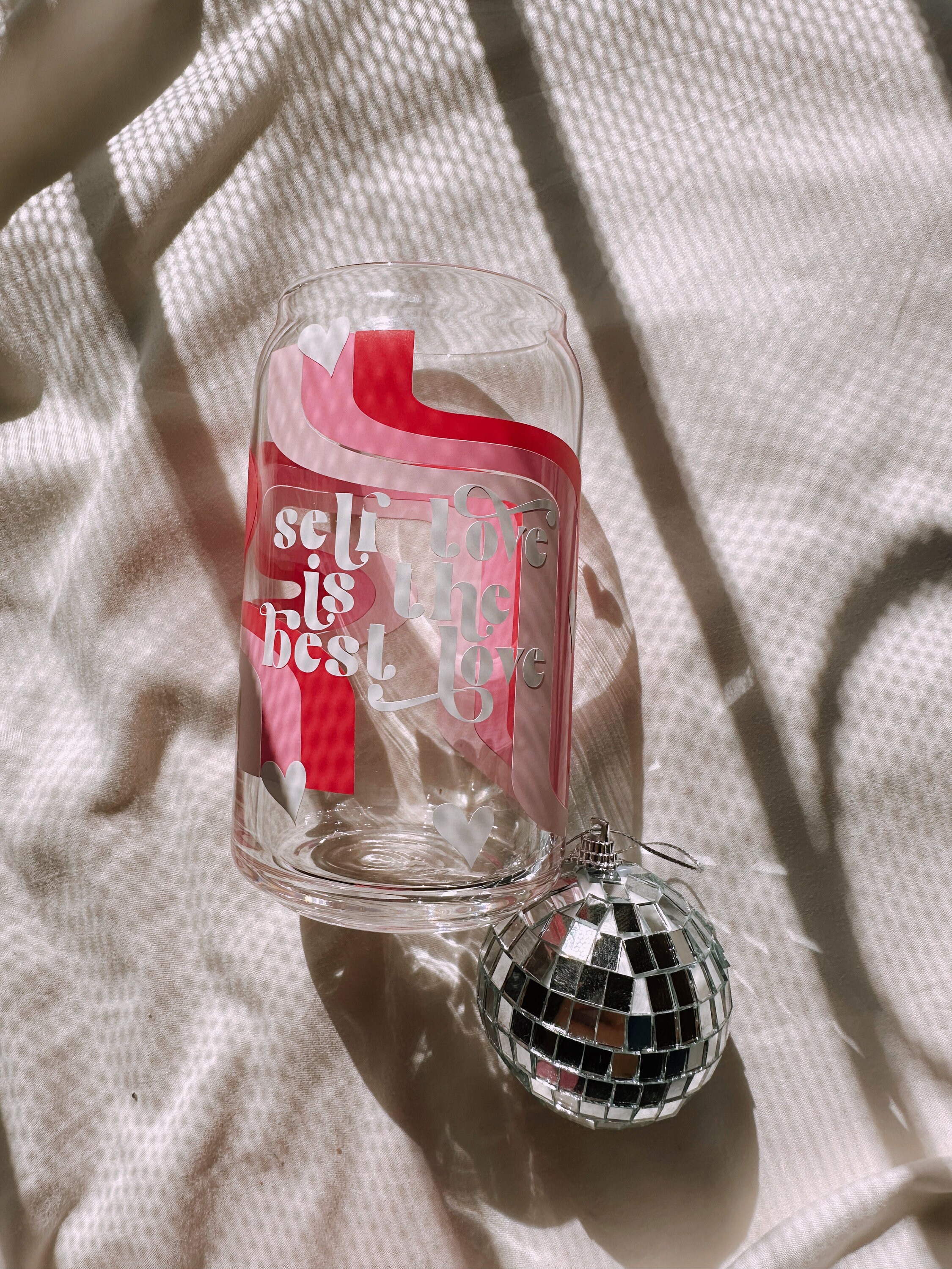 Self Love Is The Best Love Glass Cup, Valentines Cup, 70s Wrap Cup, Trendy Cup, Pink Cup, Love Glass Cup