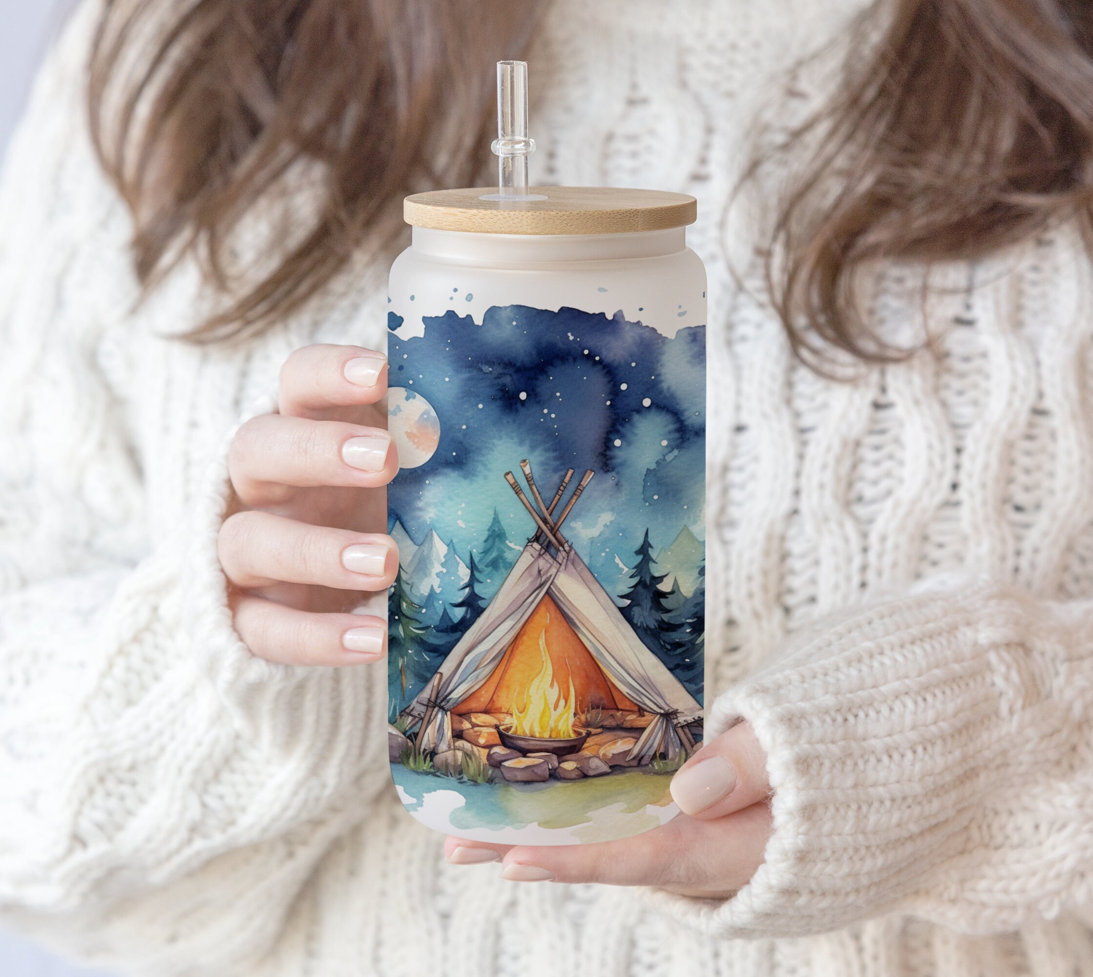 16 oz Libbey Beer Glass Can Camping fire watercolor | Life is better by the Campfire | Summer Camping design | Vacation Travel PNG file