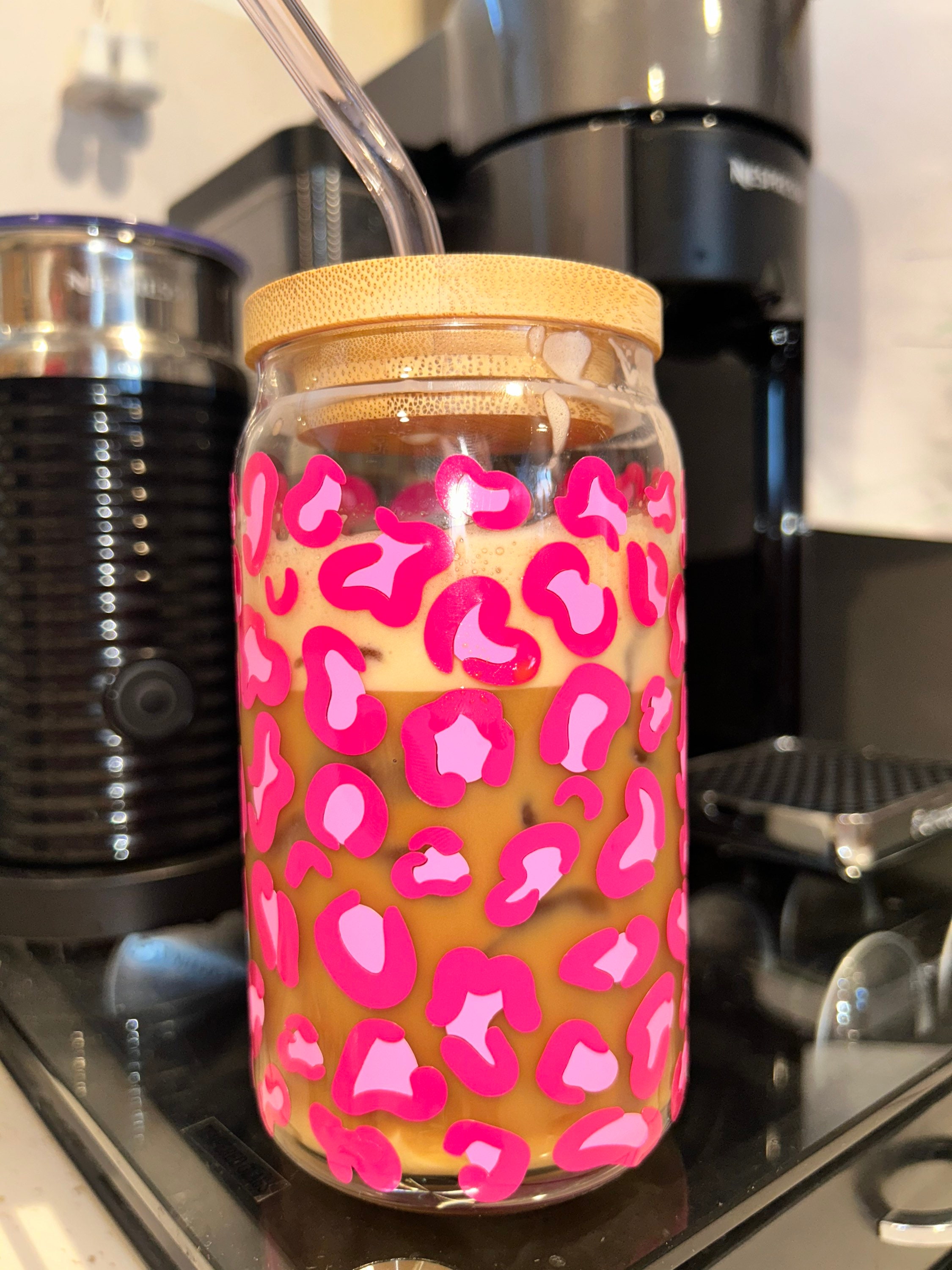 Pink Cheetah Print Beer Can Glass, Leopard Print Beer Can Glass | Iced Coffee Glass