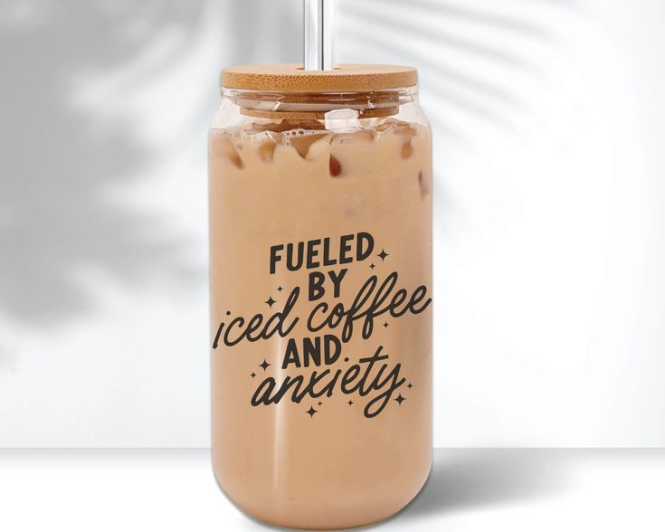 Fueled by Iced Coffee and Anxiety Clear Glass Cup With Lid and Straw, Beer Can Glasses, Iced Coffee Cup Glass, Clear Iced Coffee Glass