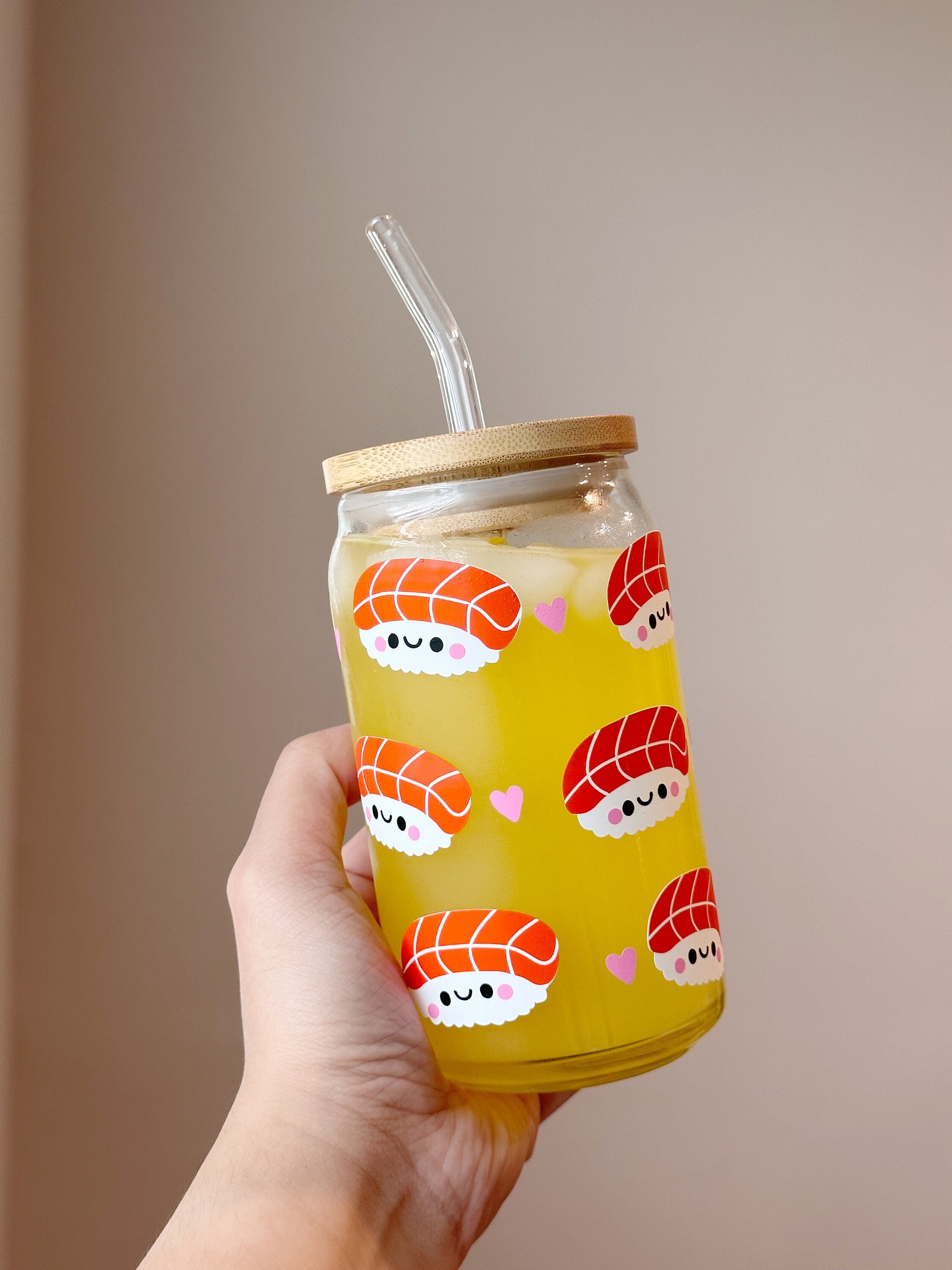 Kawaii Glass Cup | Sushi Beer Can Glass | Gift for her | Iced Coffee Cup | Trendy Glass cup | Glass Cup with Lid and Straw | Christmas Gift