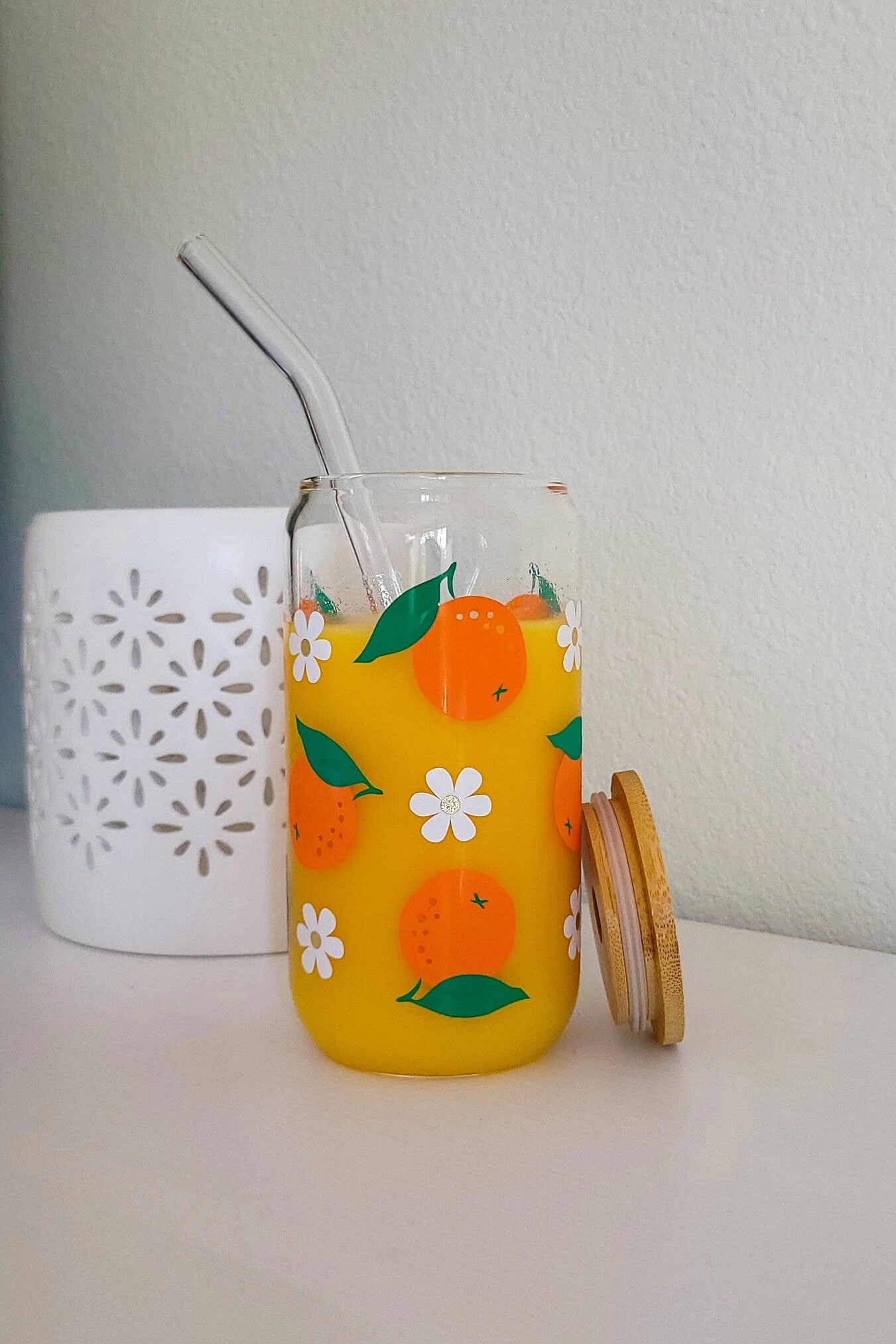 Orange Glass Cup With Lid And Straw, Summer Aesthetic Glass Tumbler, Daisy Iced Coffee Cup, Summer Fruit Glass Mug, Citrus Juice Glass