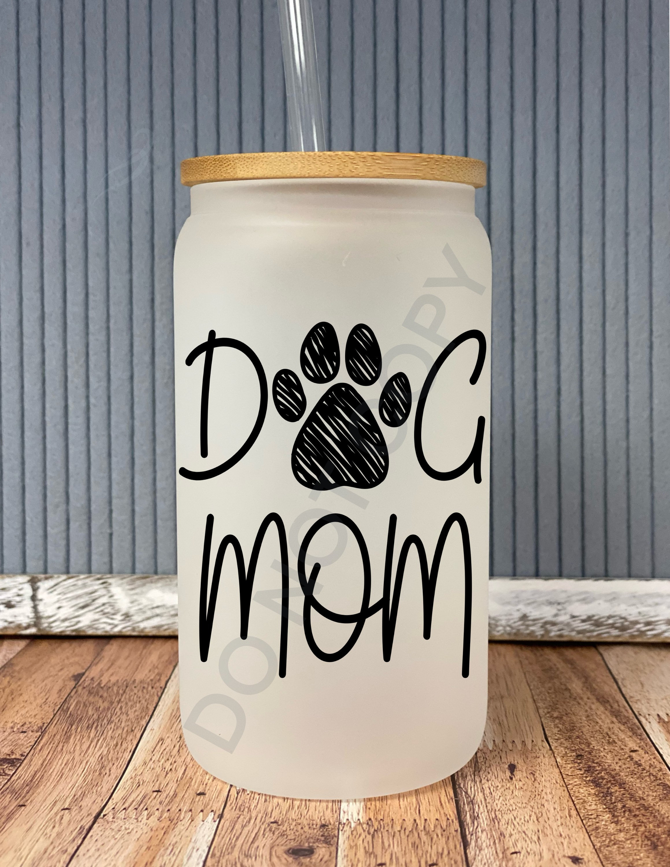 Dog mom- frosted can shaped glass with lid and straw