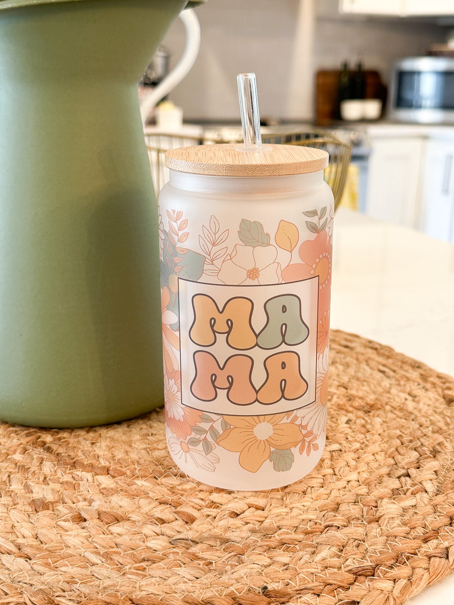 Retro Mama Frosted Can Glass, Retro Mom Coffee Cup, Ice Coffee Drink, Bamboo Lid & Straw, Gift for Mom, 16 oz. Glass Tumbler, Floral Design