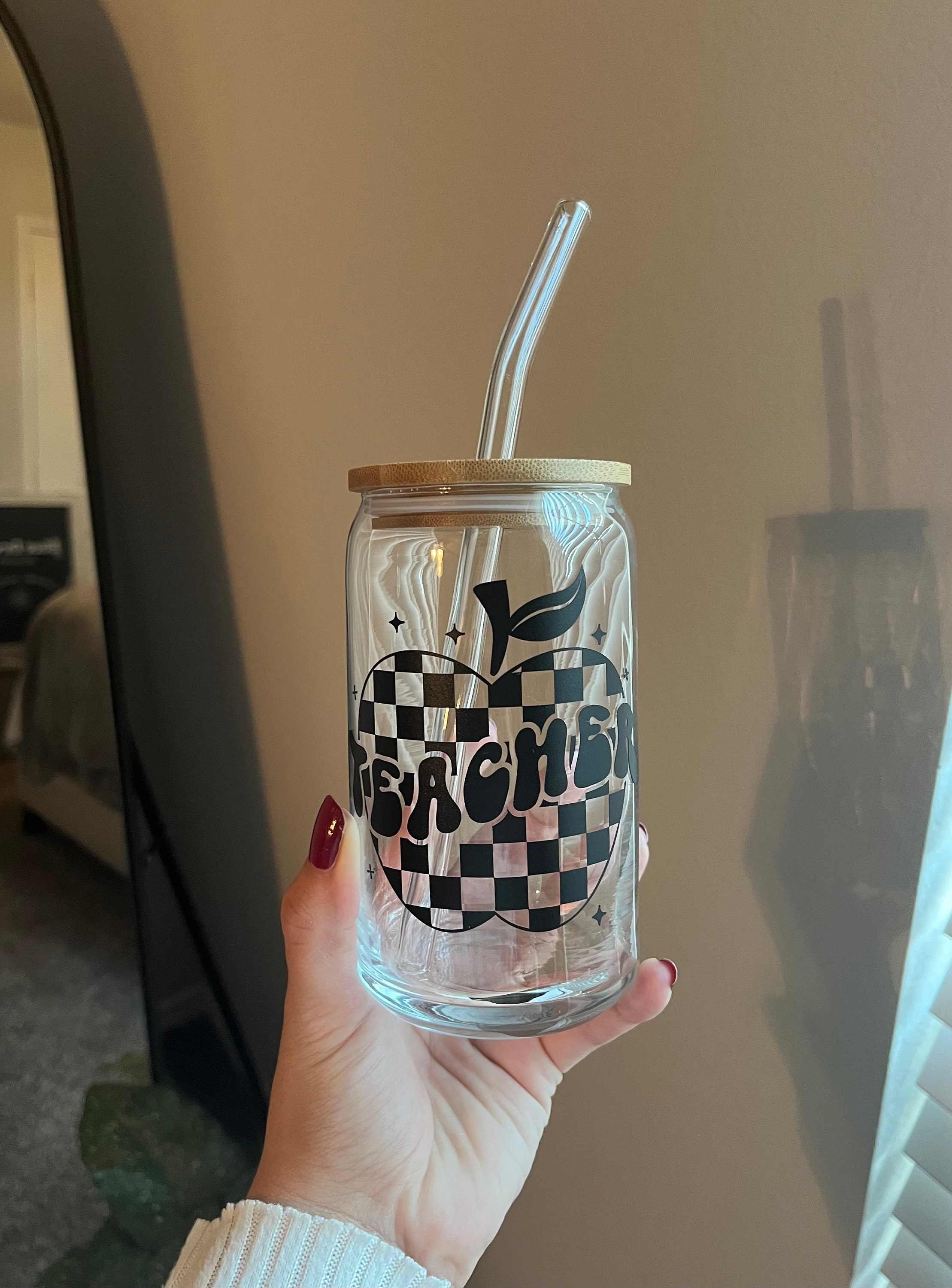 trendy teacher glass cup, teacher gift idea, checkered teacher coffee glass