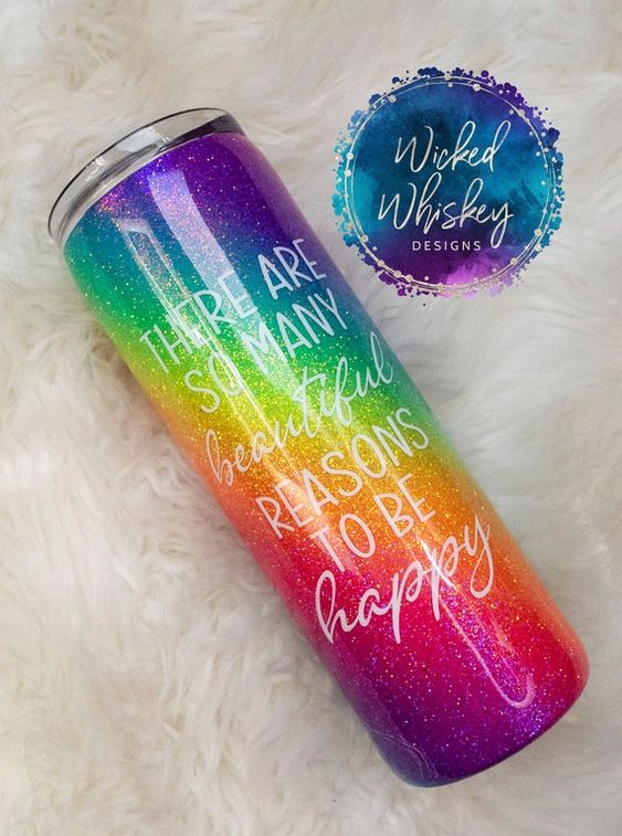 Neon Rainbow Ombre Glitter Tumbler, Rainbow Glitter Tumbler, Be Happy Glitter Tumbler