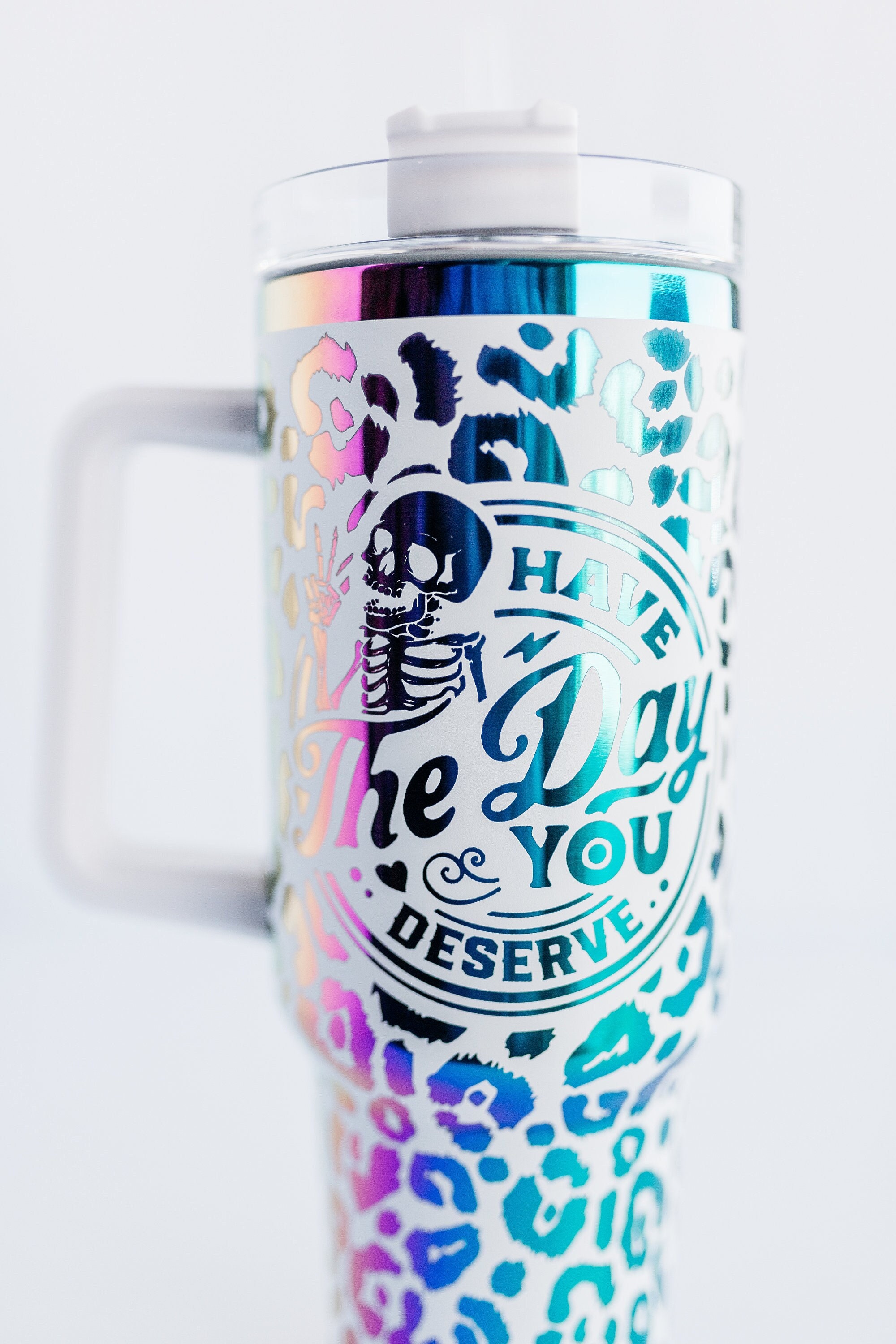 White or Black Rainbow Engraving 40oz Tumbler | Have The Day You Deserve | Skull & Peace Sign