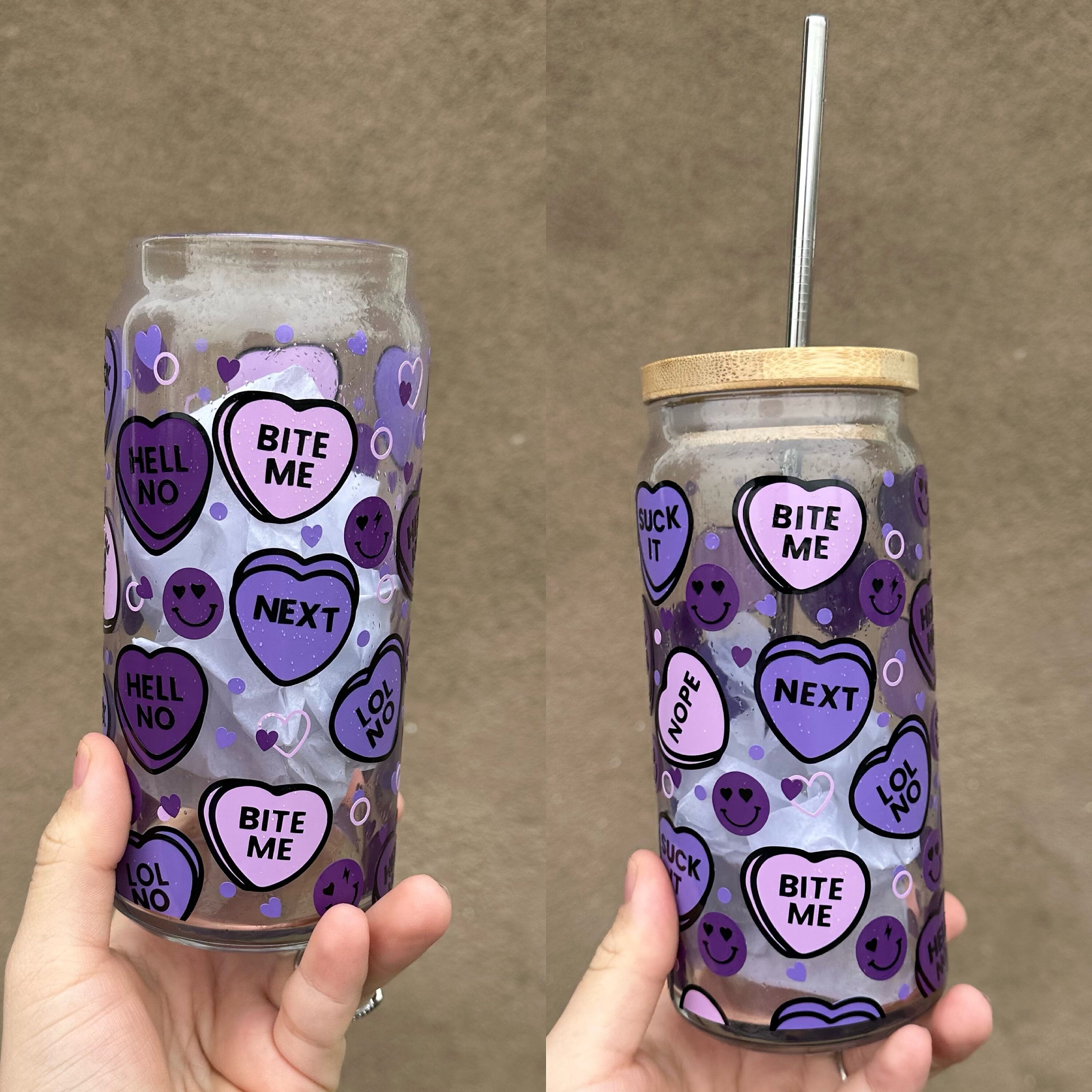 Anti-Valentine Cup, Glass Can, Valentine Cups, Conversation Hearts, Candy Hearts, Purple Valentines, Galentines, Valentine Glass Cups, Vday