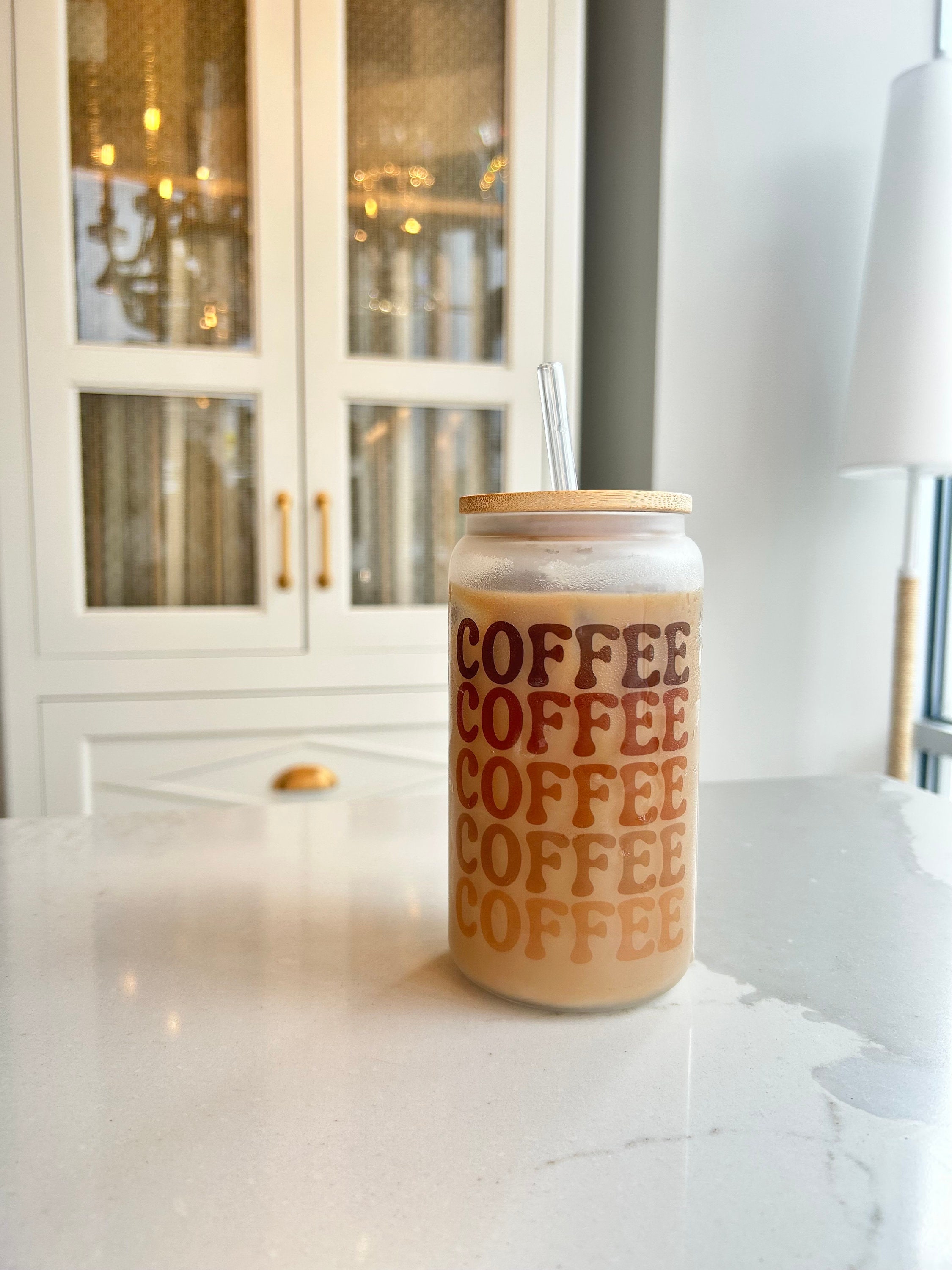 Sublimation coffee glass cup with Bamboo Lid and glass straw