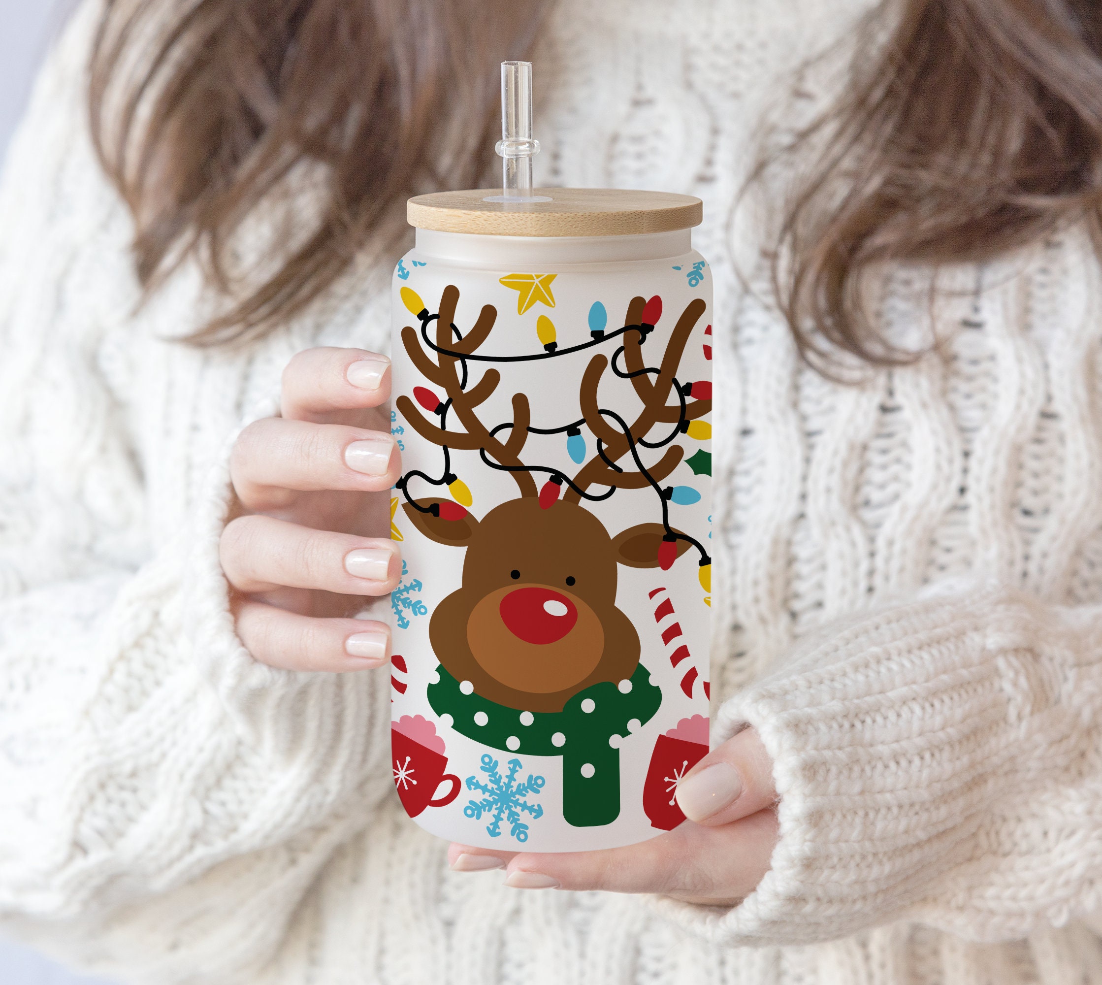 16 oz Libbey Glass Can Sublimation Cute Reindeer Christmas Face | Christmas Light Gingerbread man | Winter Theme SVG PNG Cricut Digital