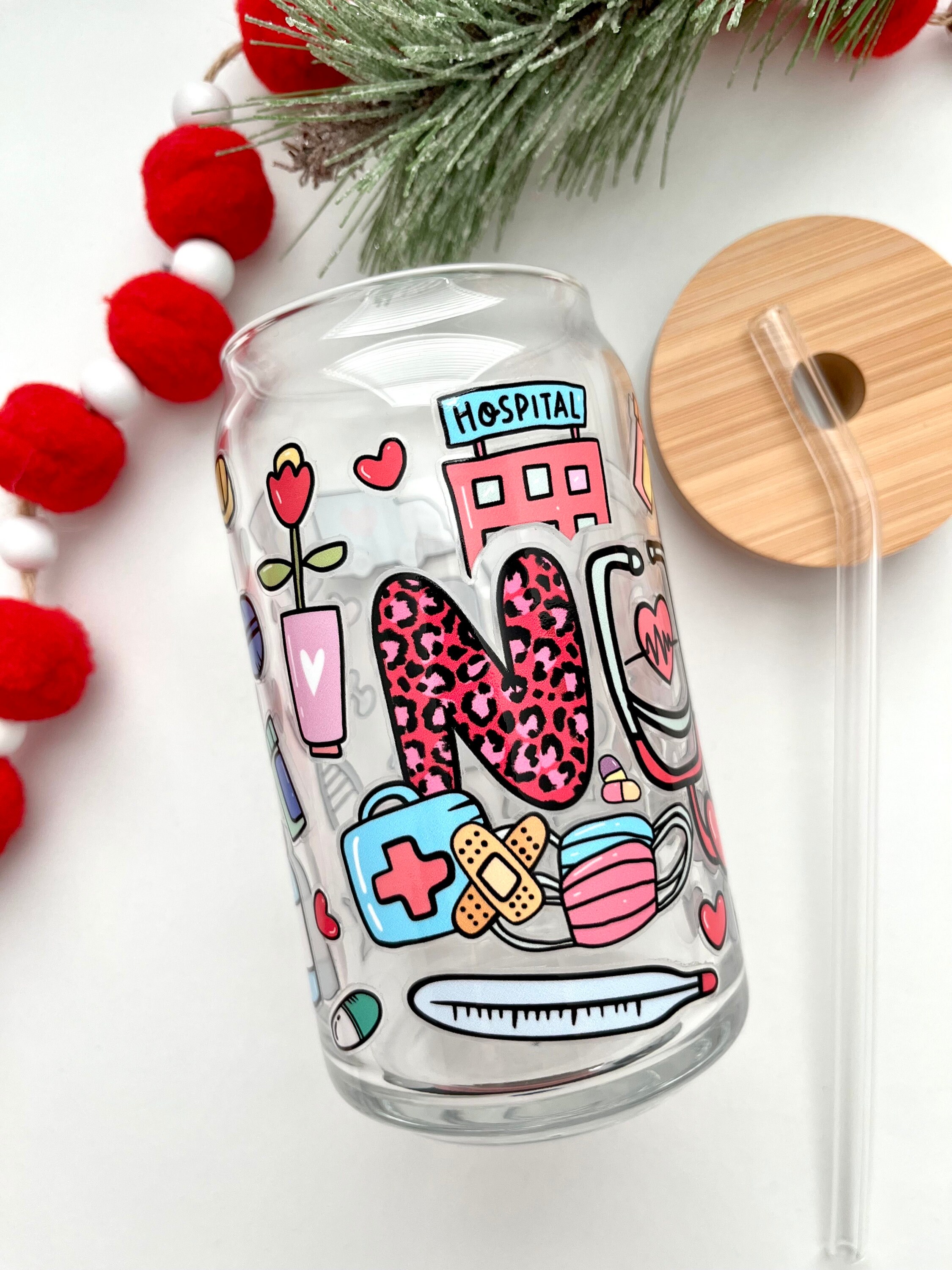 Nurse Theme Glass Cup / Registered Nurse Glass Cup / Iced Coffee Glass / Christmas Tumbler / Christmas Gift / Nurse Gifts