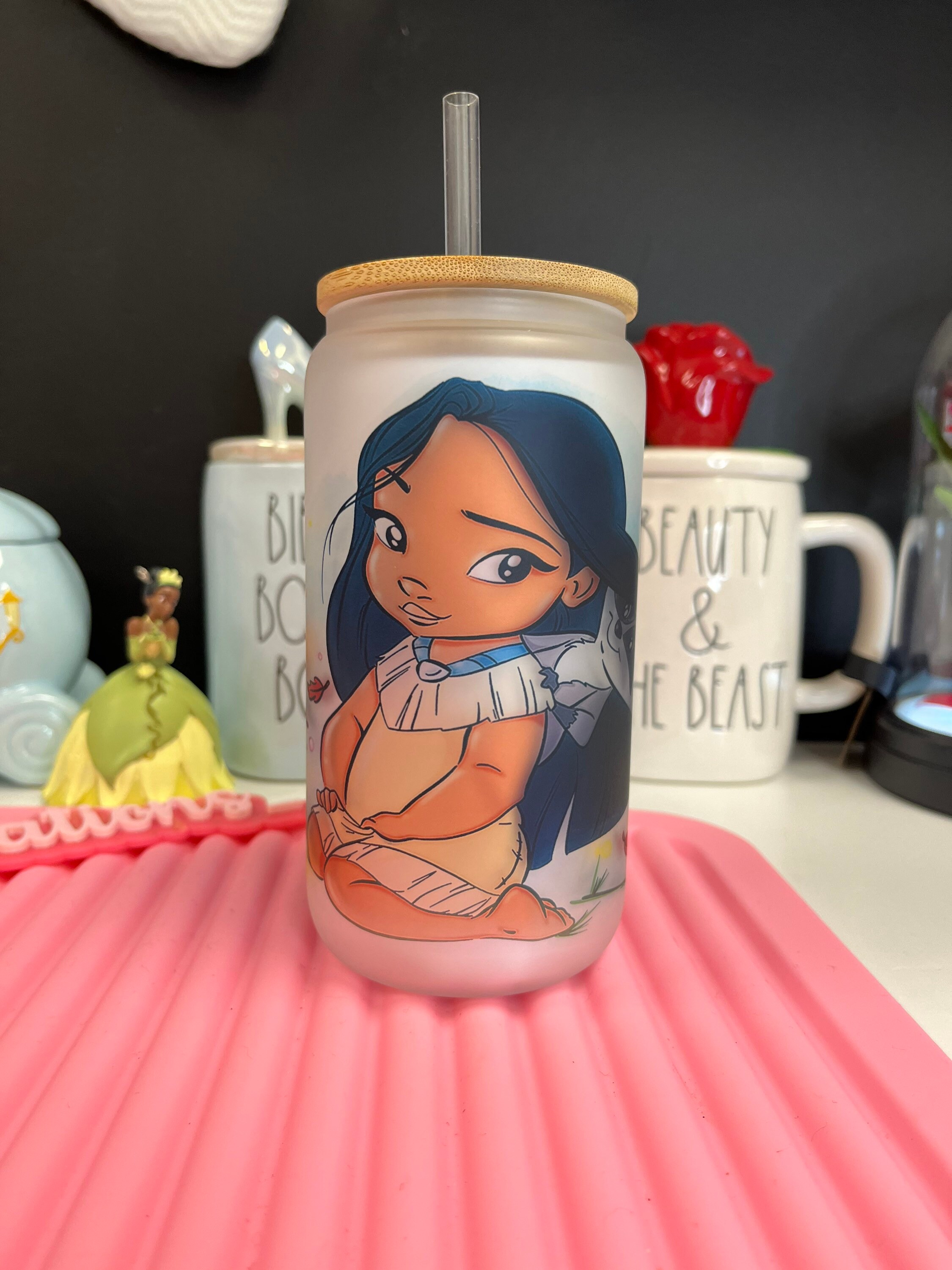 Pocahontas Frosted glass can, glass can, Princess glass can