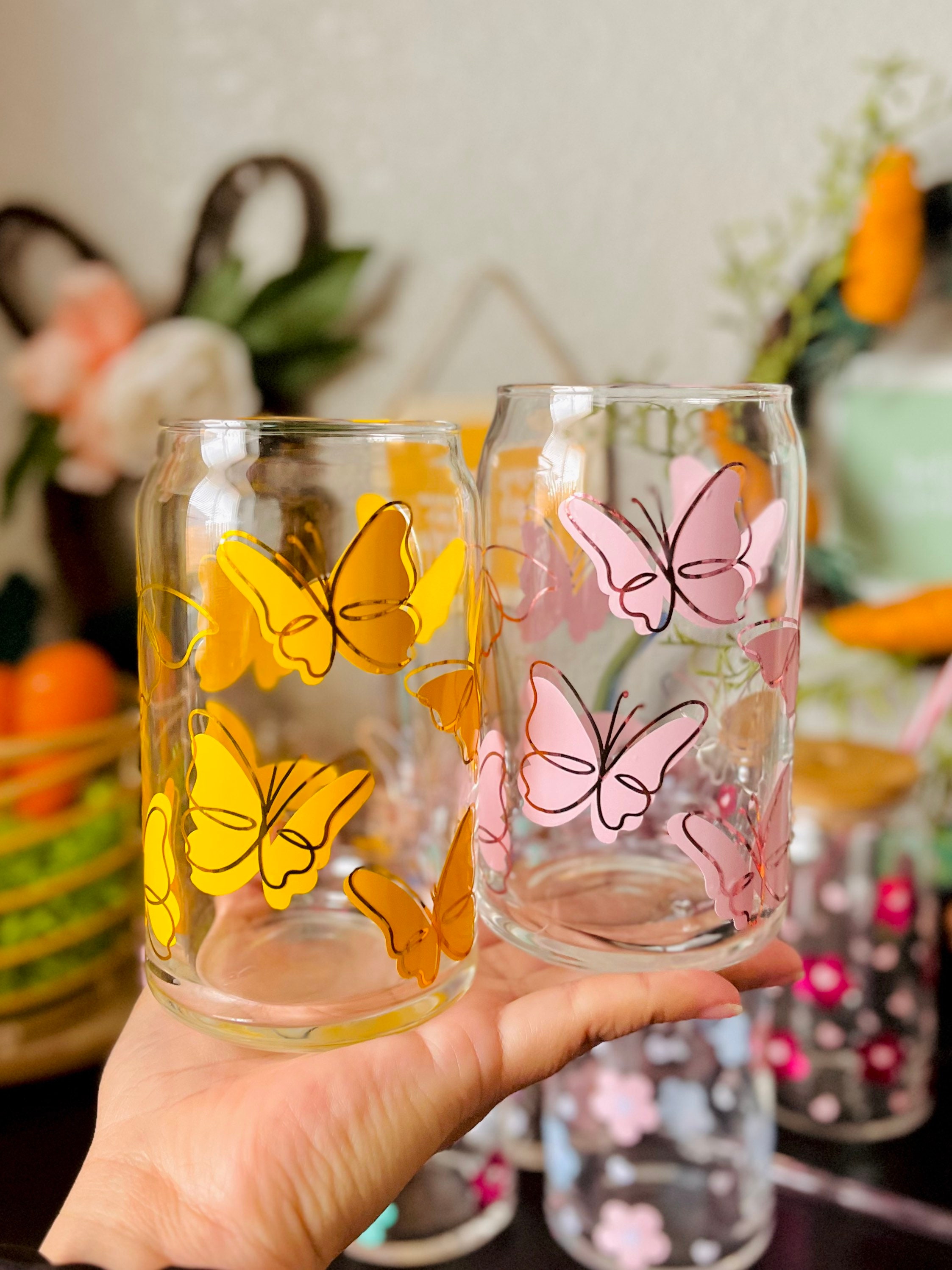 Butterfly 16 oz Beer Can Glass | Spring Cup | Self Love | Iced Coffee | Smoothie | Boho | Gift |Easter Flowers | Pastel |Groovy Butterflies