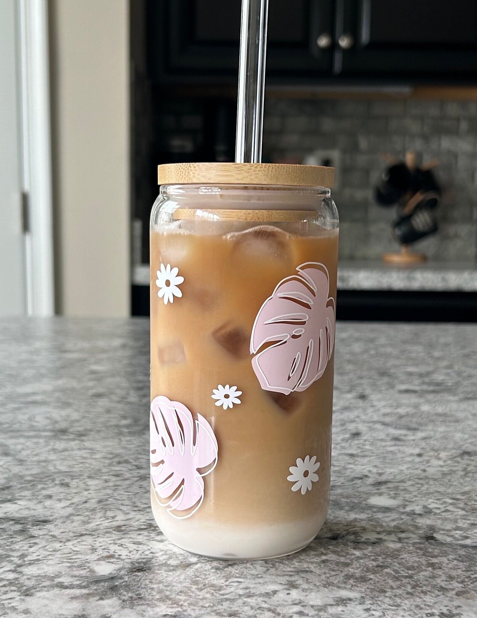 Pink Monstera Leaf Cup | Monstera Glass Can Cup | Monstera Glass Cup | Iced Coffee Glass Can| Plant Lover | Trendy Coffee Cup