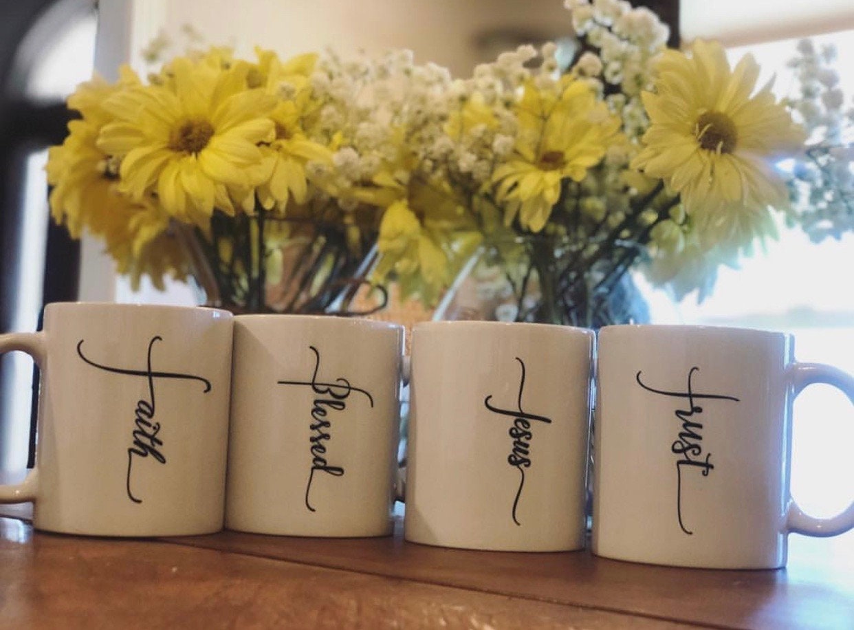 SET OF 4 Blessed, Jesus, Faith, Trust Cross Coffee Cups mugs Christian Faith woman friend gift Jesus coffee cup, Christian housewarming gift