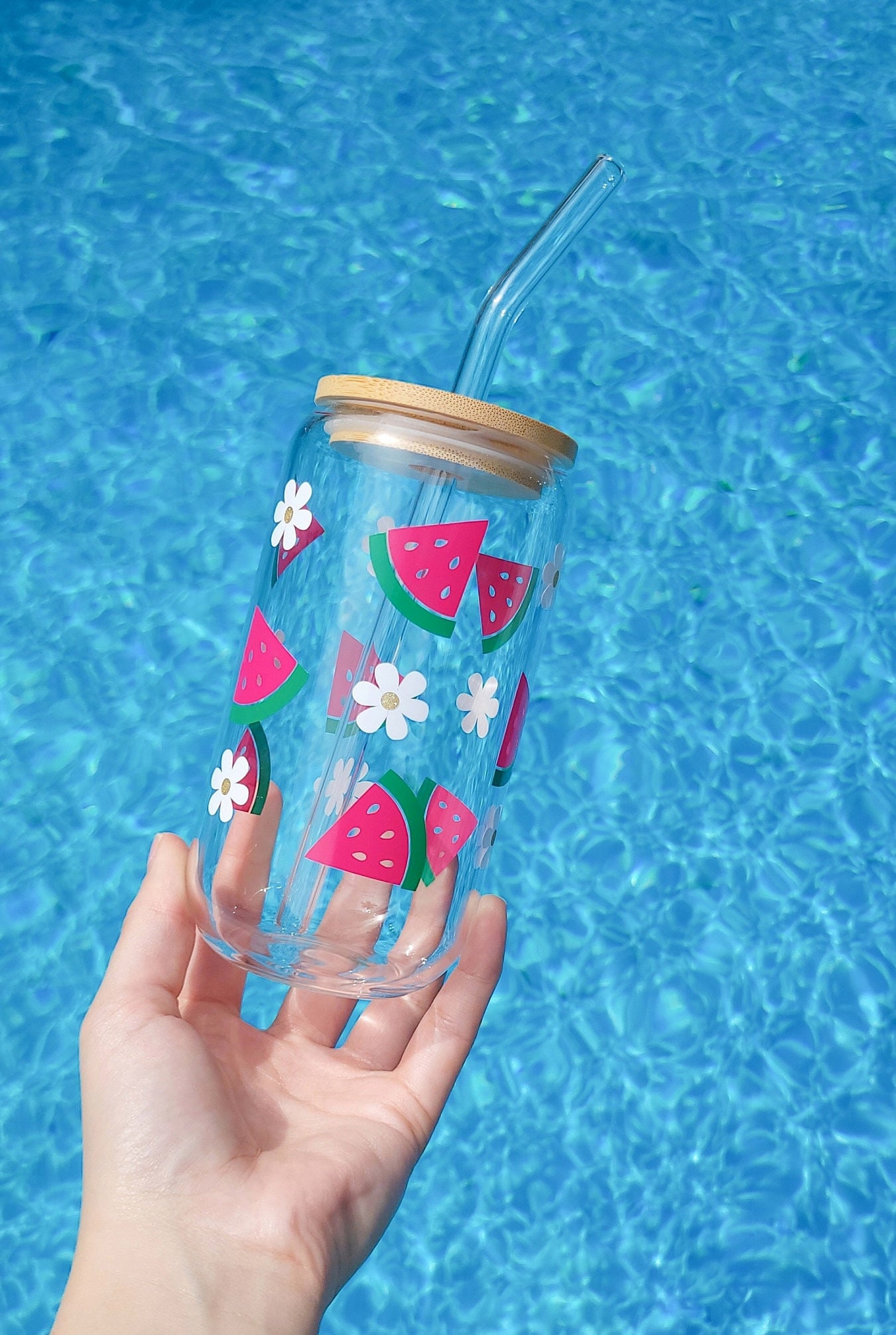 Summer Iced Coffee Glass Cup Watermelon Beer Can Glass Summer Aesthetic Glass Cup Boho Summer Glass Tumbler Daisy Glass Can Summer Floral