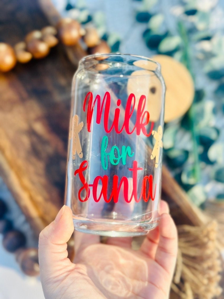 Milk for Santa beer can glass, Christmas libbey glass, Christmas gift, iced coffee cup, engraved bamboo lid and glass straw